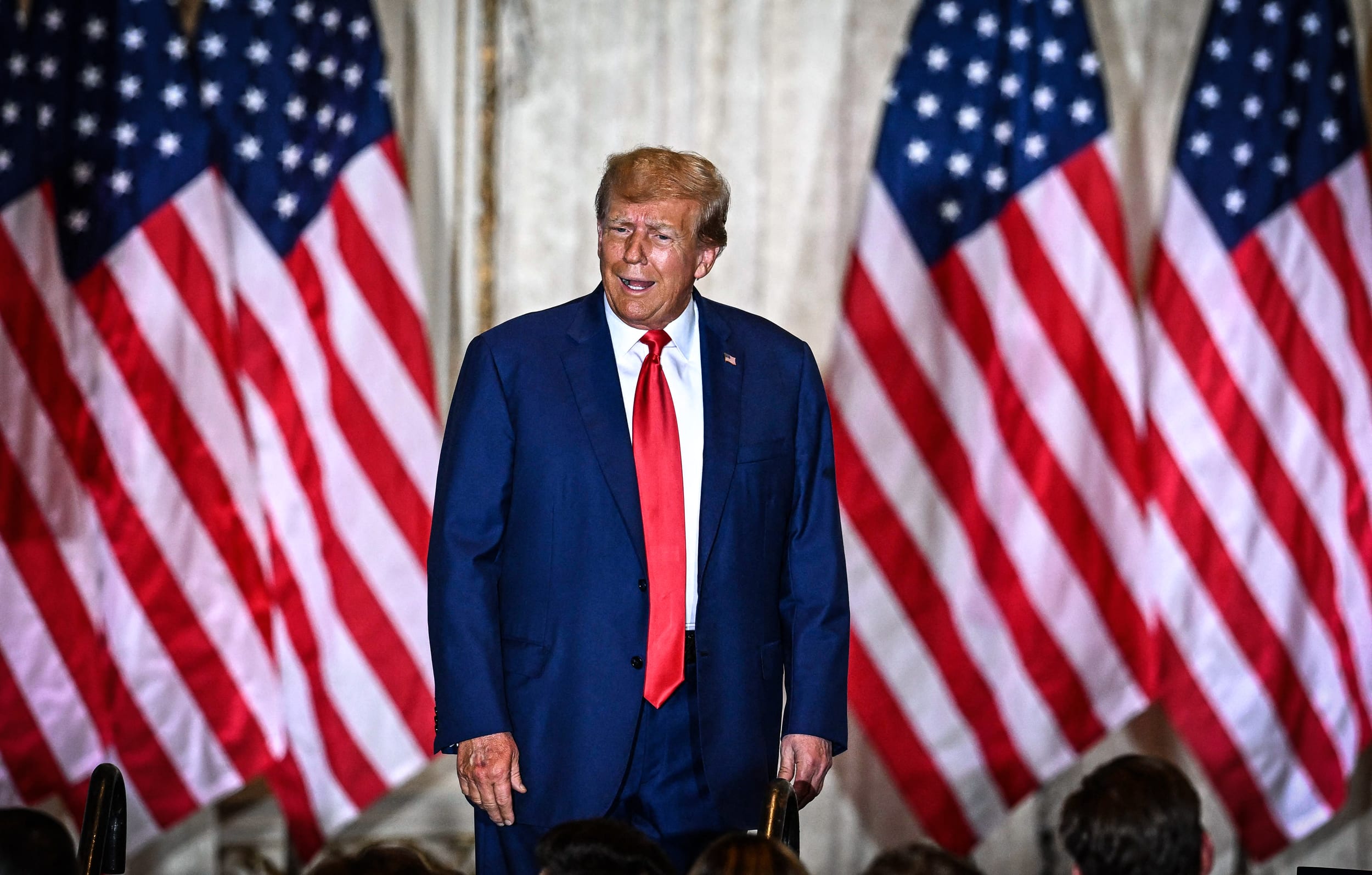 Image: Former US president Donald Trump speaks during a press conference following his court appearance over an alleged 'hush-money' payment, at his Mar-a-Lago estate in Palm Beach, Fla., on April 4, 2023.