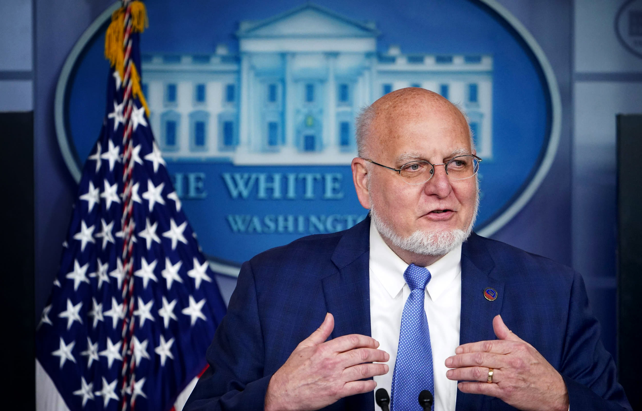 Image: Robert Redfield, director for the Centers for Disease Control and Prevention, speaks at a coronavirus task force briefing at the White House on April 8, 2020.