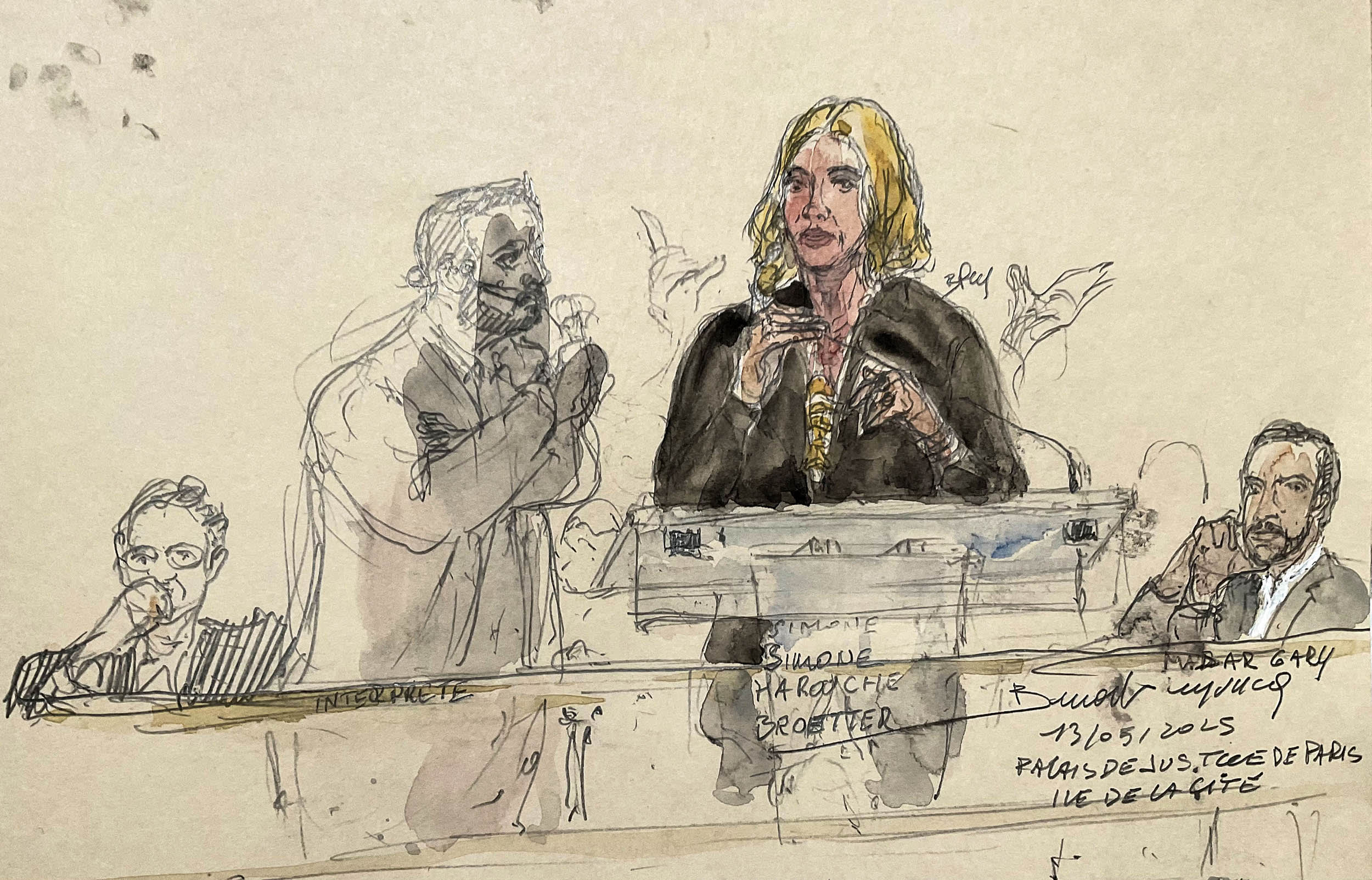 This court sketch made on May 13, 2025 in Paris shows US celebrity Kim Kardashian's former stylist Simone Bretter testifying before the Assize Court for the trial over the 2016 robbery that saw Kardashian's relieved of millions of dollars' worth of jewellery at gunpoint.