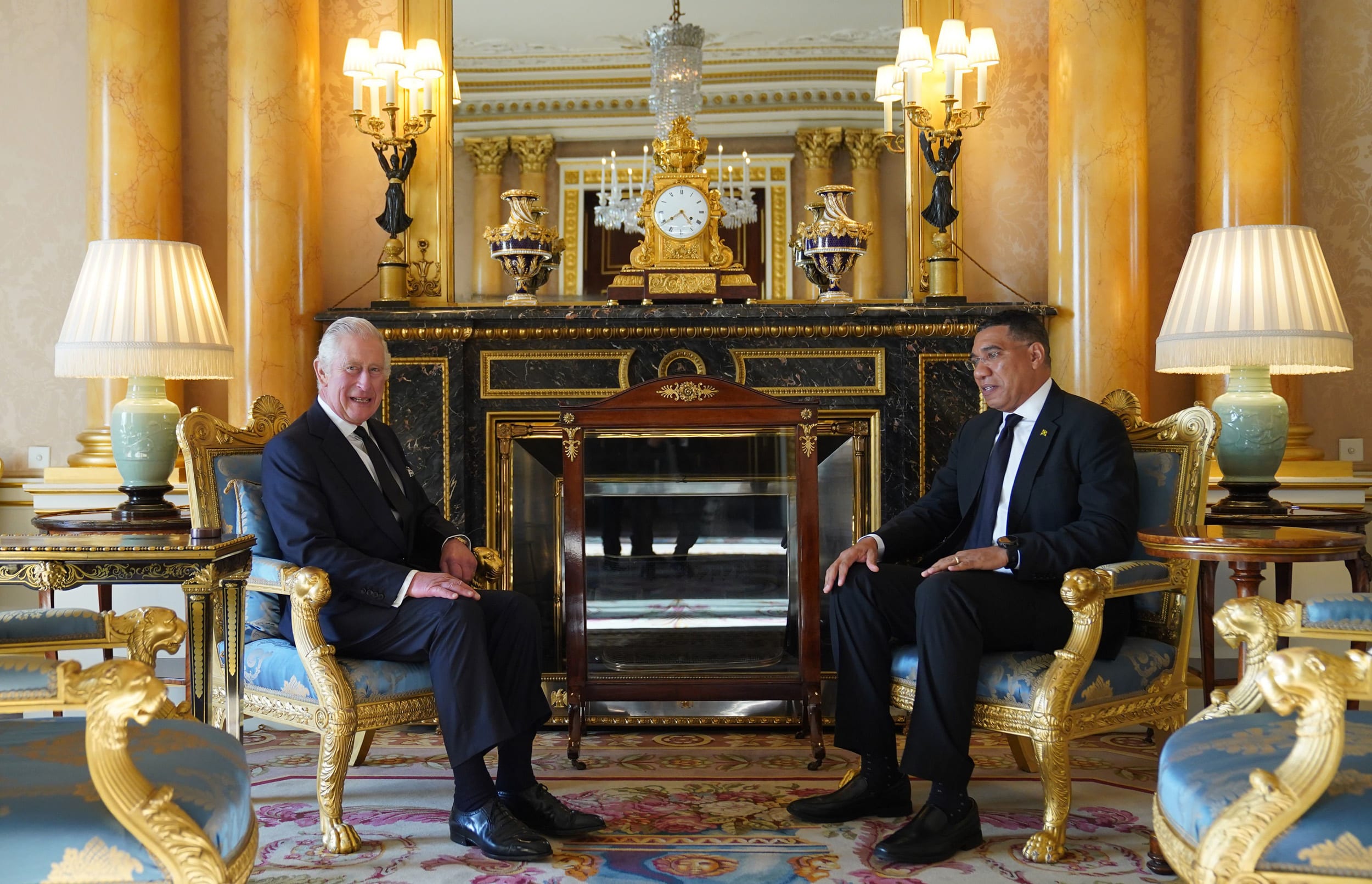 King Charles III speaks with Prime Minister of JamaicaAndrew Holness