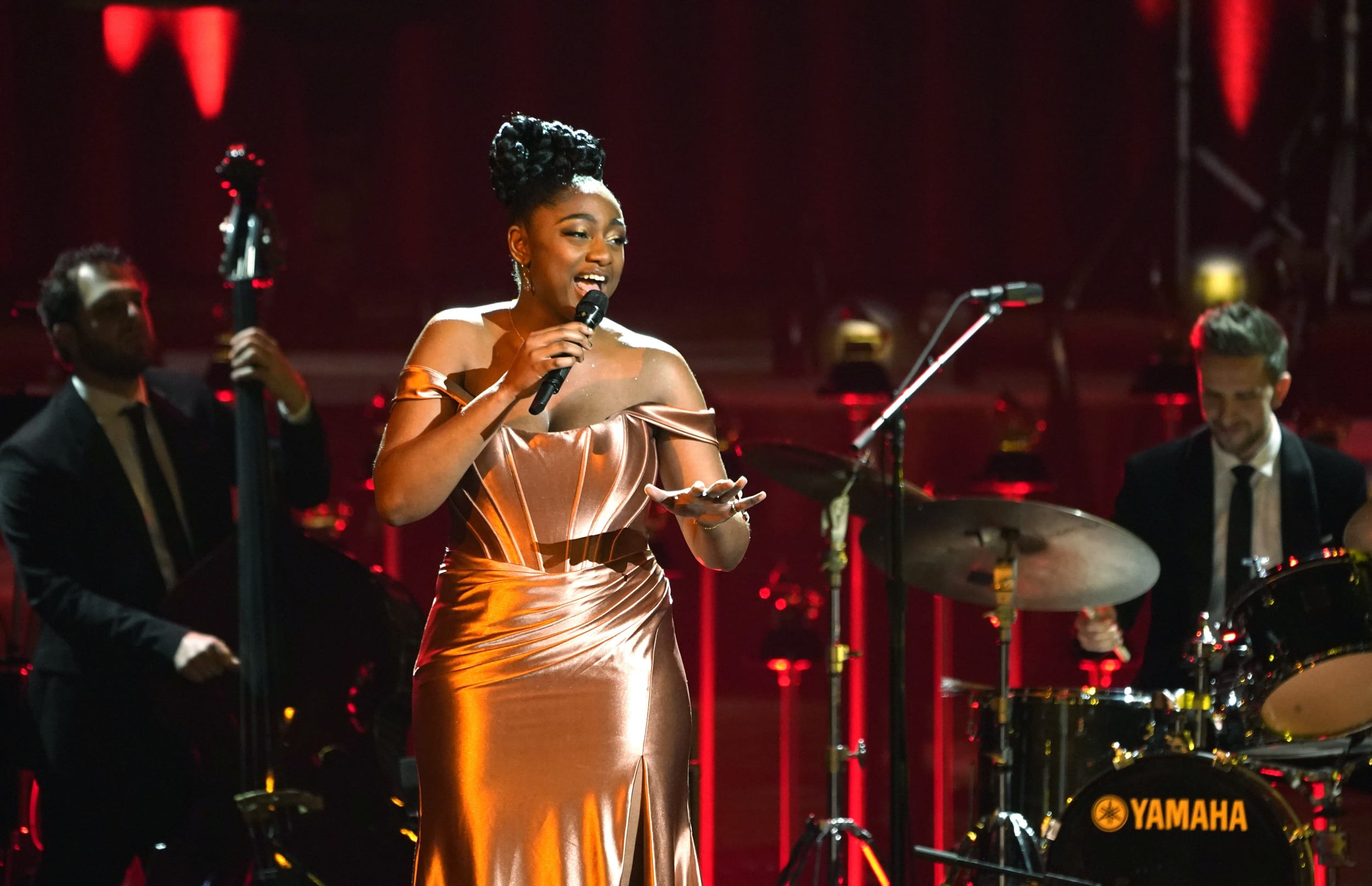 Samara Joy performs at the Grammy Awards. 