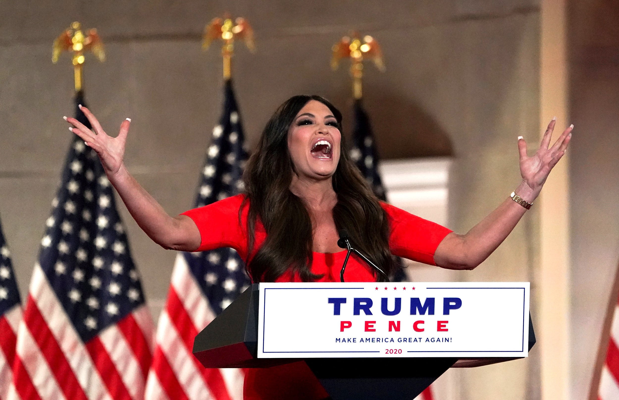 Image: Kimberly Guilfoyle delivers a pre-recorded speech to the largely virtual Republican National Convention in Charlotte, from Washington