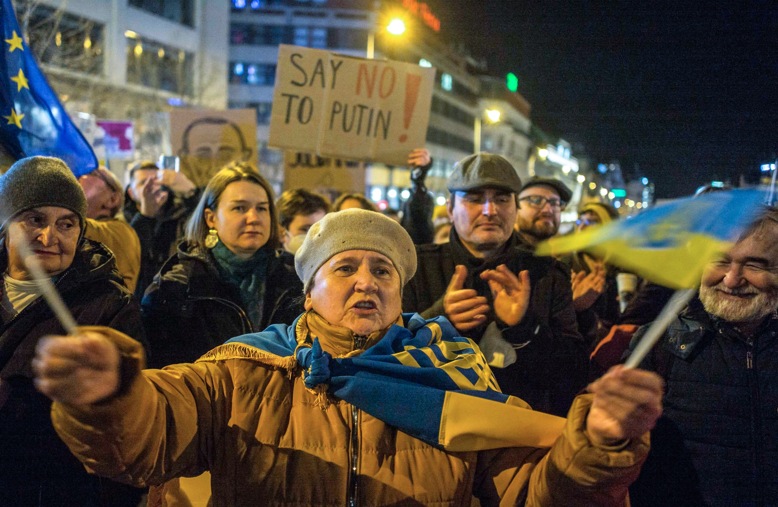 Image: Pro-Ukraine demonstrators display placards and Ukrainian flags Tuesday during a demonstration in support of Ukraine at the Wenceslas Square in Prague.