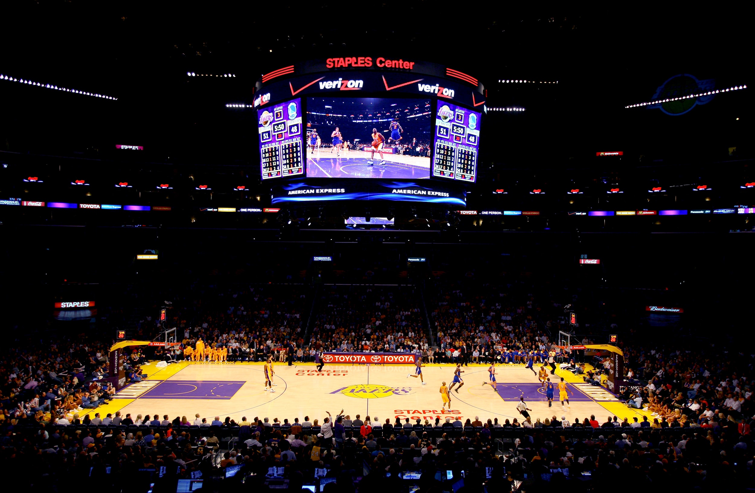 Image: The Staples Center court during a game between the Los Angeles Lakers and Golden State Warriors in 2012.