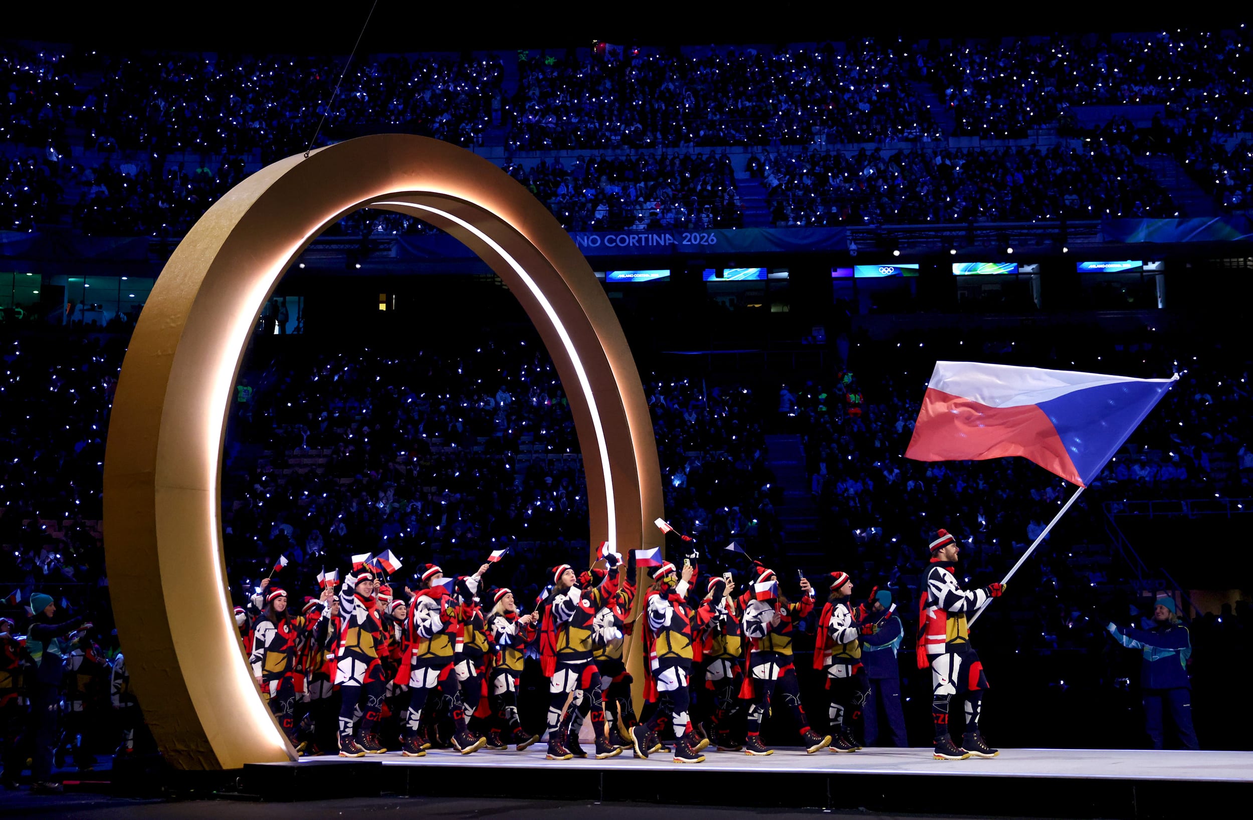 David Pastrnak, Flag bearer of team Czechia leads the team in the parade during the opening ceremony of the Milano Cortina 2026 Winter Olympics