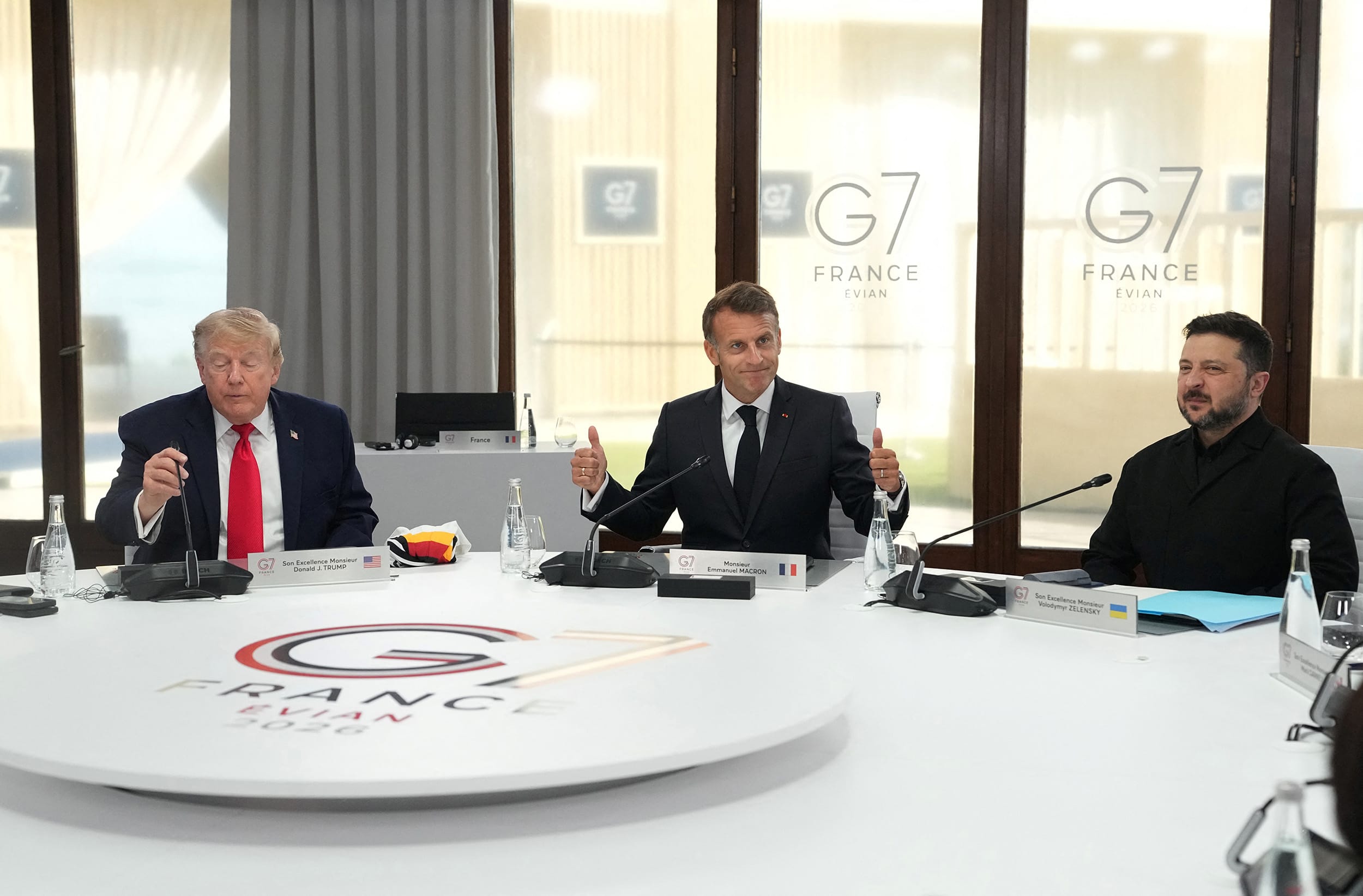 President Trump, French President Macron and Ukrainian President Zelenskyy at the G7 summit in Evian-les-Bains, France on June 16, 2026.