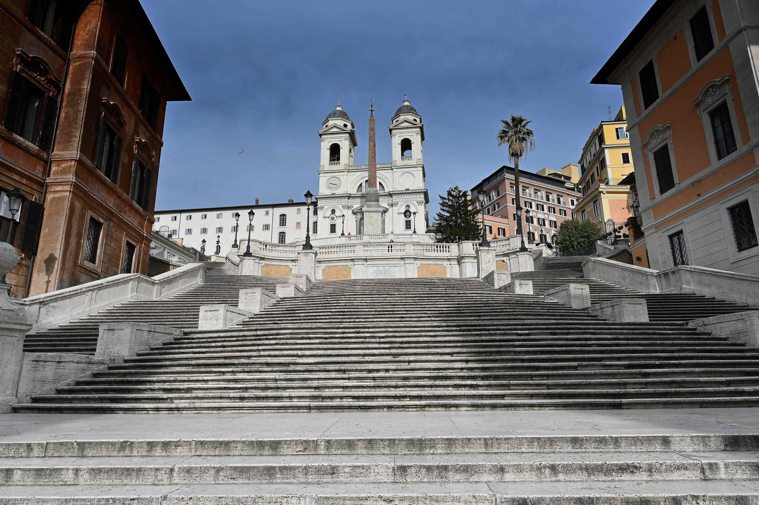 Image: The deserted Spanish Steps by the Trinita dei Monti church in central Rome
