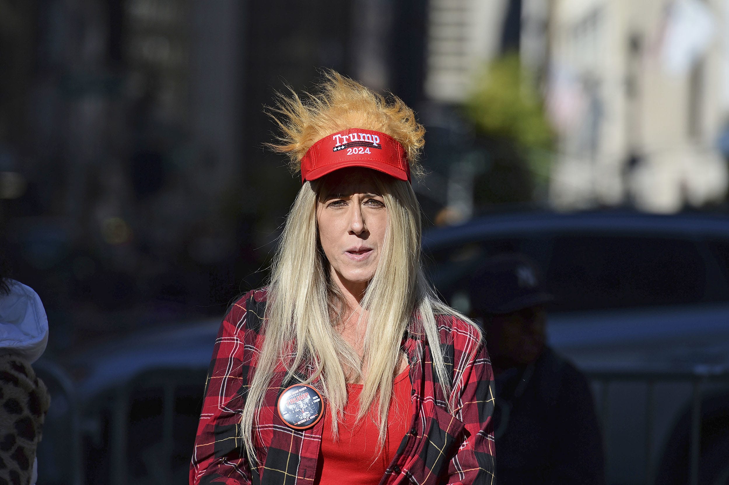 A Trump supporter ahead of a rally at Madison Square Garden in New York on Oct. 27, 2024. 