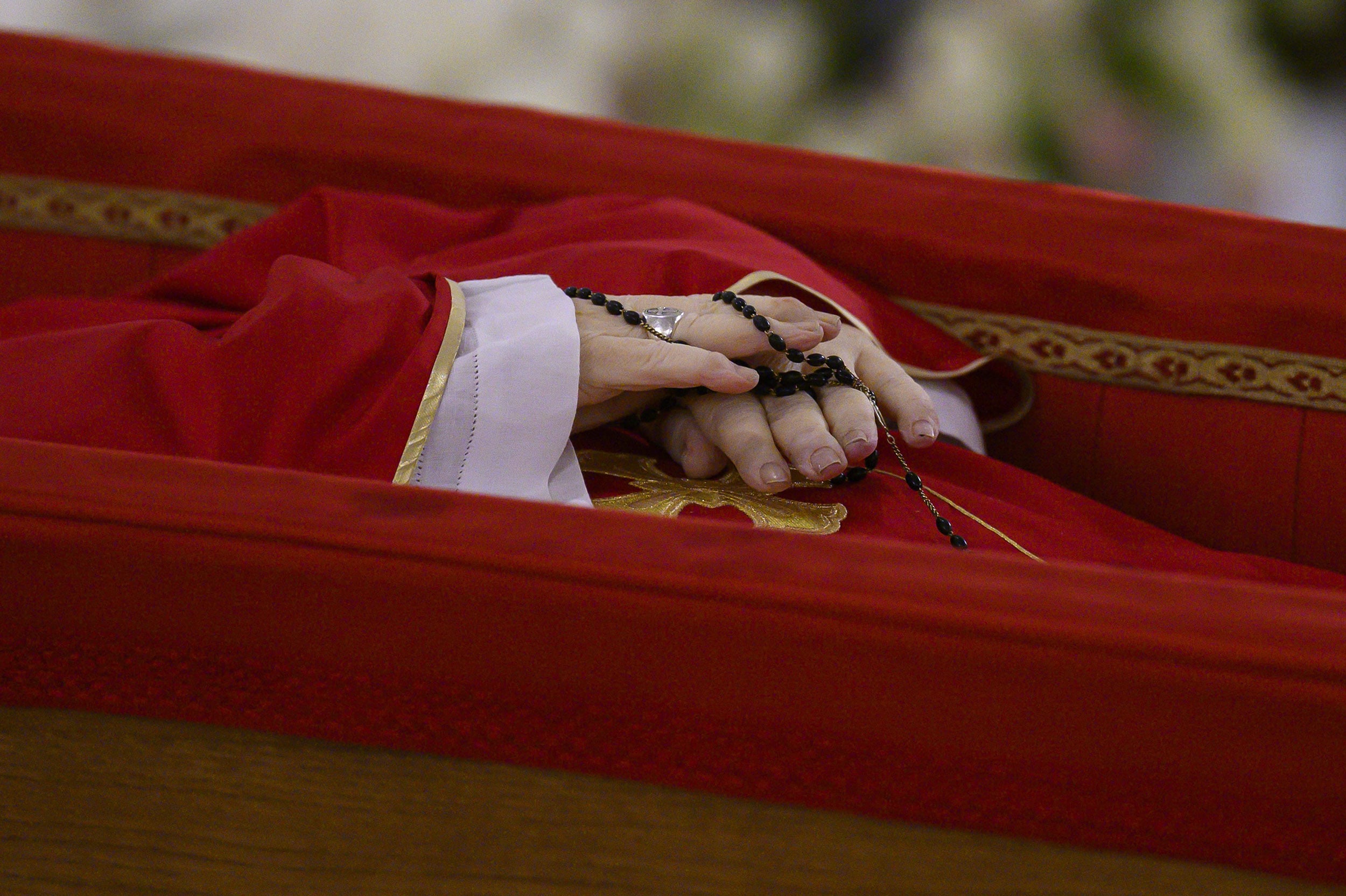 Pope Francis in his open coffin during the rite of the Confirmation of the Death of the Pontiff at the Chapel of Santa Marta in The Vatican on April 21, 2025. 