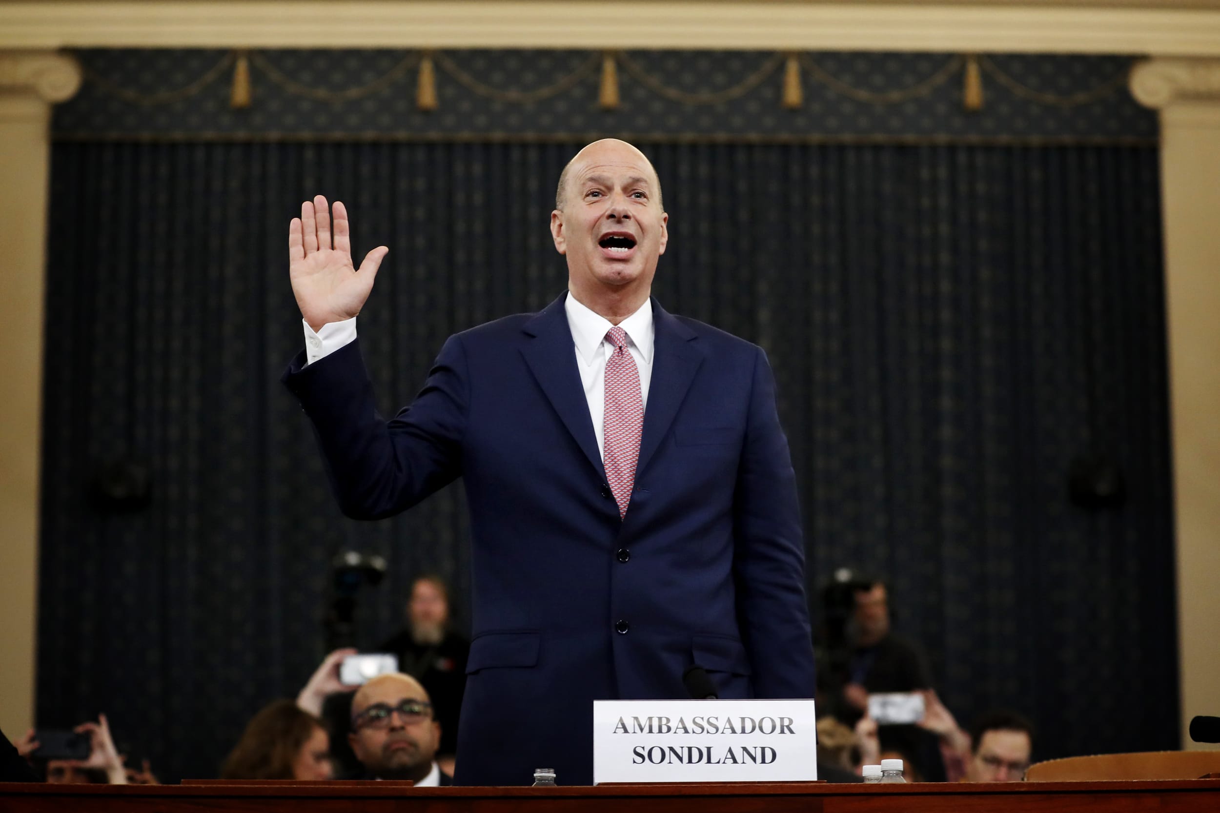 Image: Ambassador to the European Union Gordon Sondland is sworn in to testify before the House Intelligence Committee on Capitol Hill on Nov. 20, 2019.