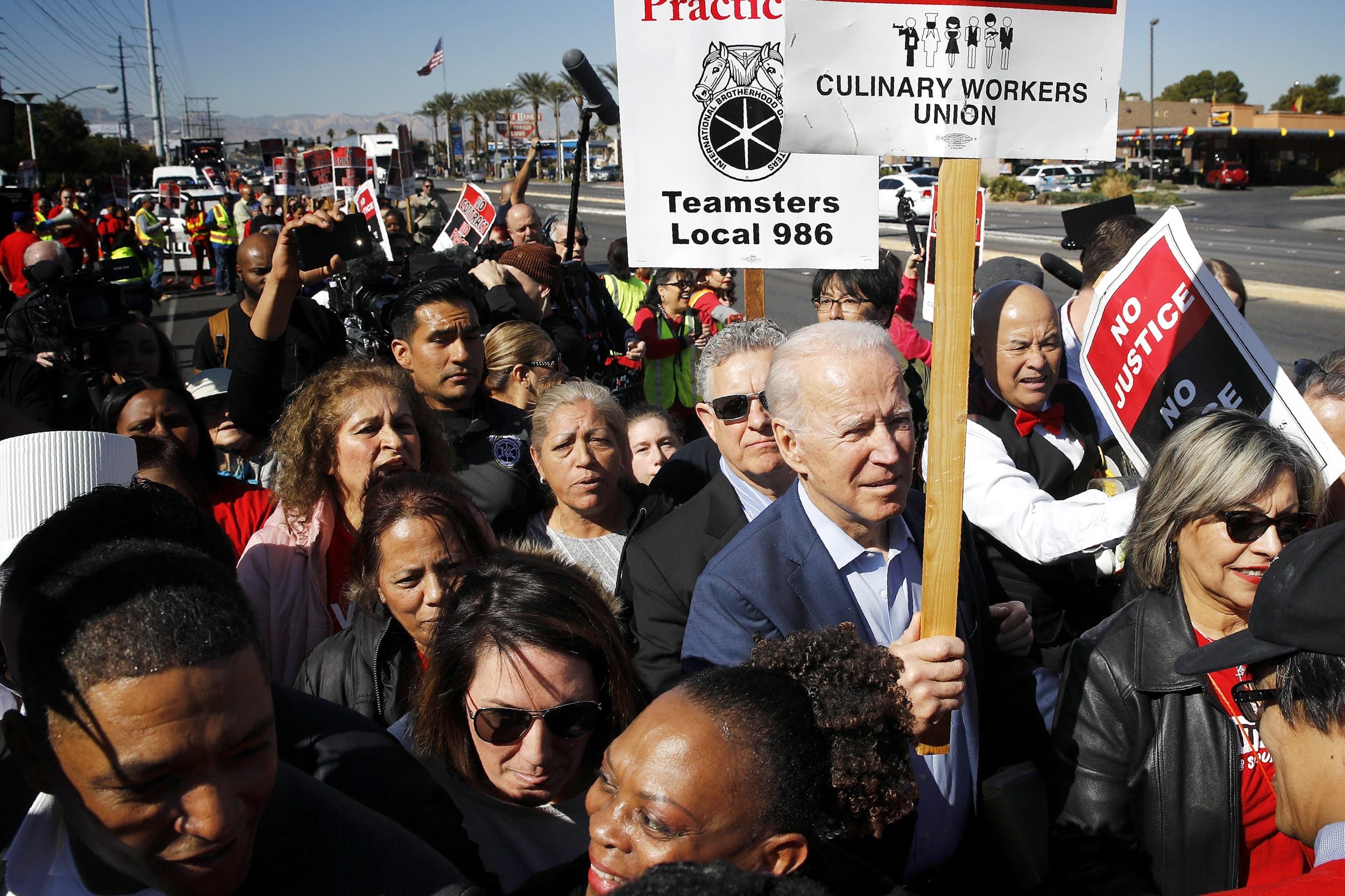 Image: Joe Biden joins the picket line with the Culinary Workers Union outside the Palms Casino in Las Vegas on Feb. 19, 2020.