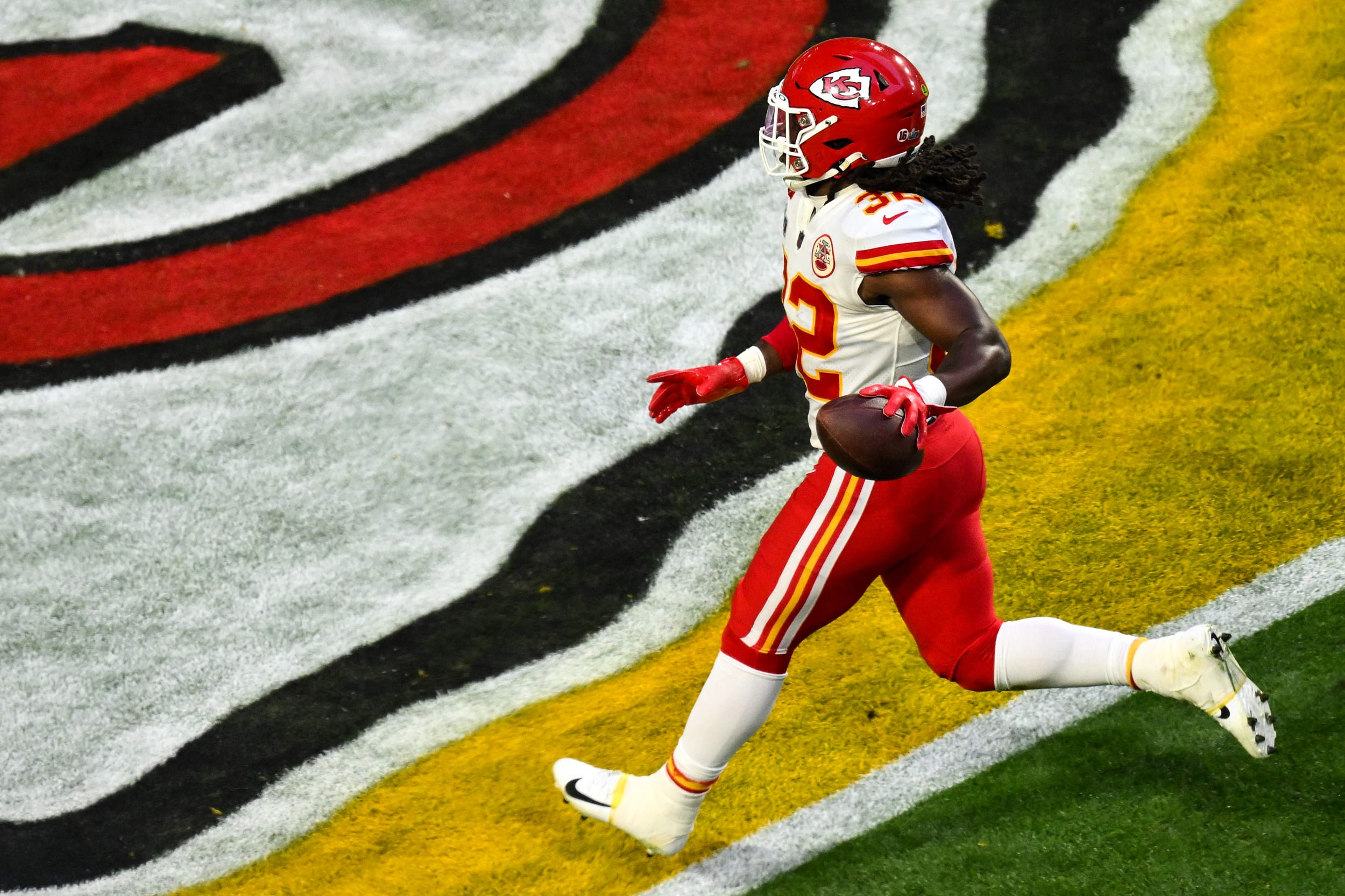 Kansas City Chiefs' linebacker Nick Bolton runs to score a touchdown after Philadelphia Eagles' quarterback Jalen Hurts dropped the ball during Super Bowl LVII on Feb. 12, 2023.
