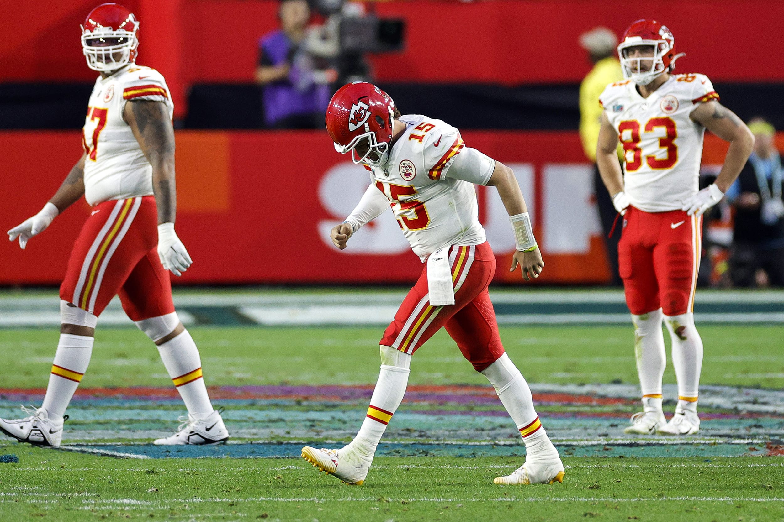 Patrick Mahomes of the Kansas City Chiefs limps off the field during Super Bowl LVII on Feb. 12, 2023.