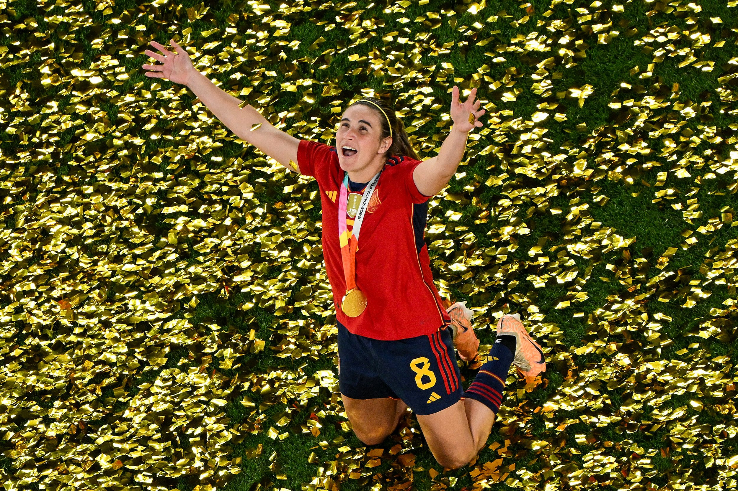 Spain's Mariona Caldentey celebrates after the team's 1-0 victory over England in the Women's World Cup in Sydney on Aug. 20, 2023.