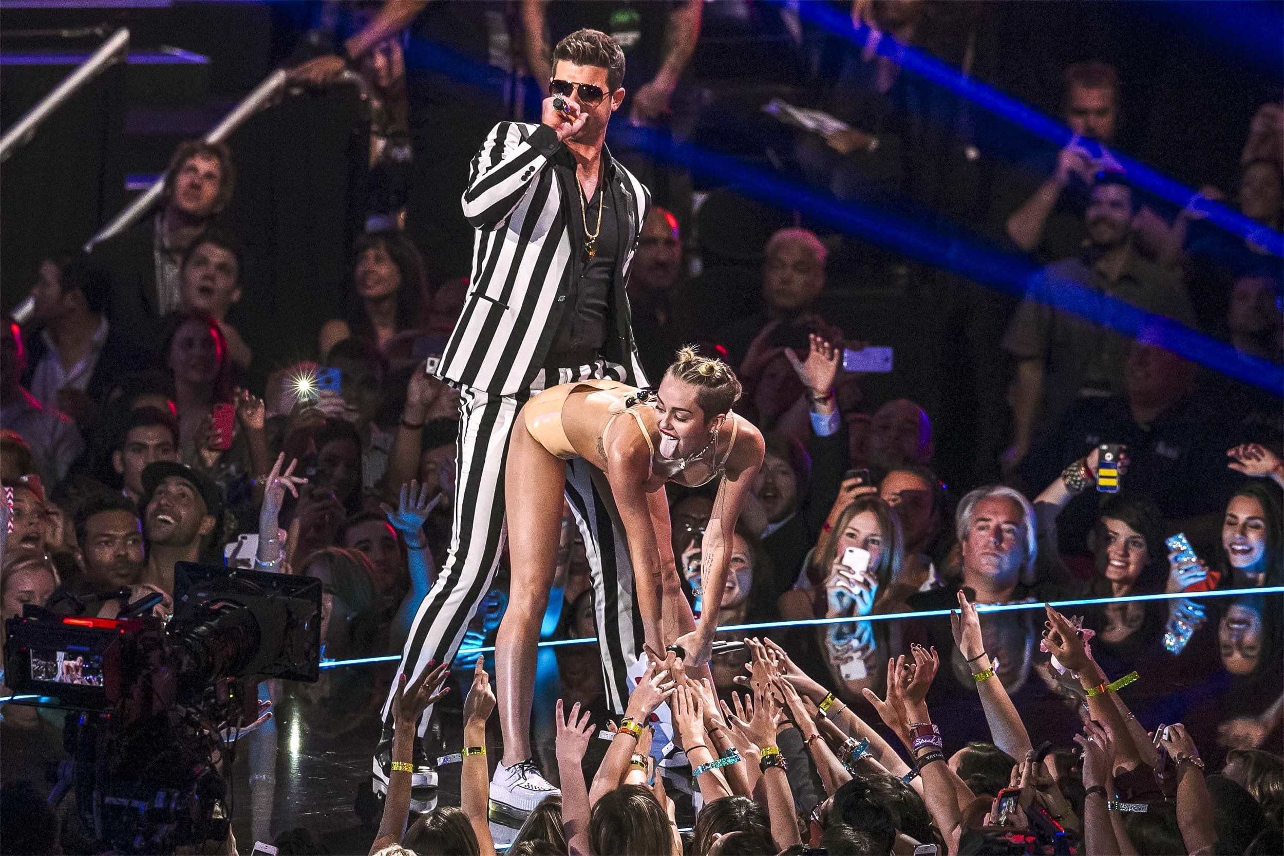 Miley Cyrus and Robin Thicke perform "Blurred Lines" during the 2013 MTV Video Music Awards in New York on Aug. 25, 2013.