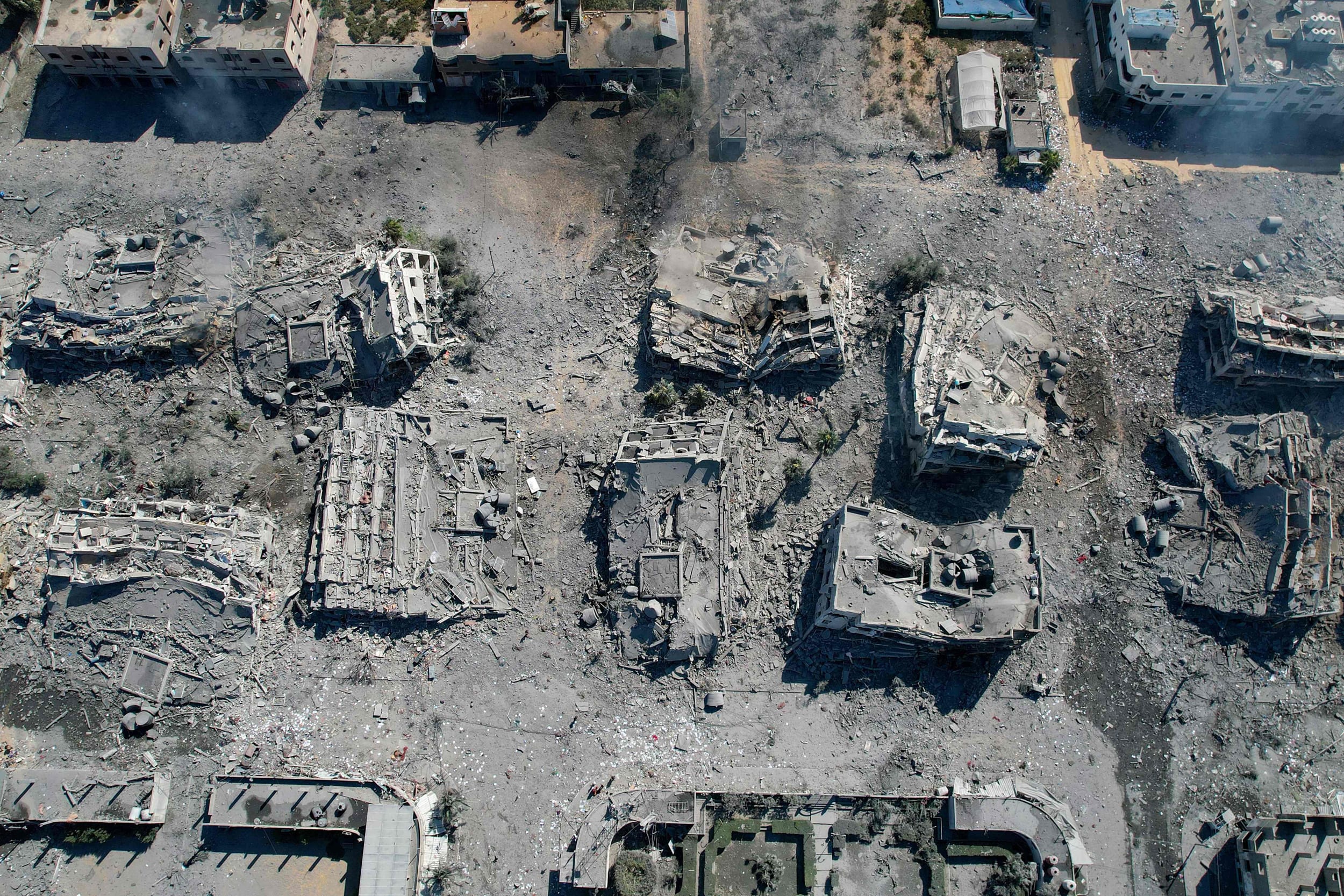 Destroyed buildings in al-Zahra, south of Gaza City, on Oct. 20, 2023, following overnight Israeli bombardment.