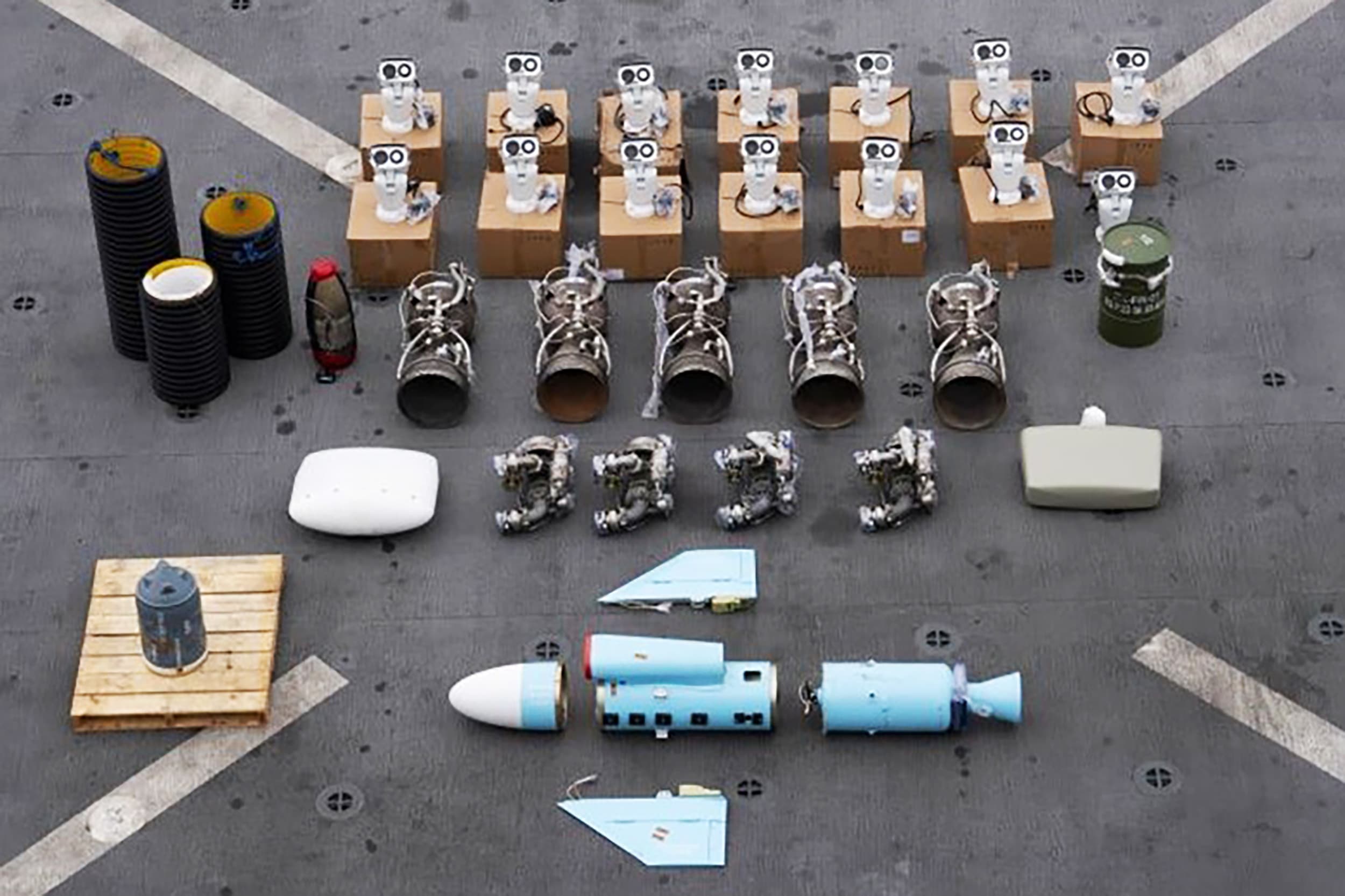 Weapons seized by US Navy Seals from an Iranian backed vessel near the coast of Somalia in international waters of the Arabian Sea, en route to supply Houthi forces in Yemen, according to the US Central Command. 