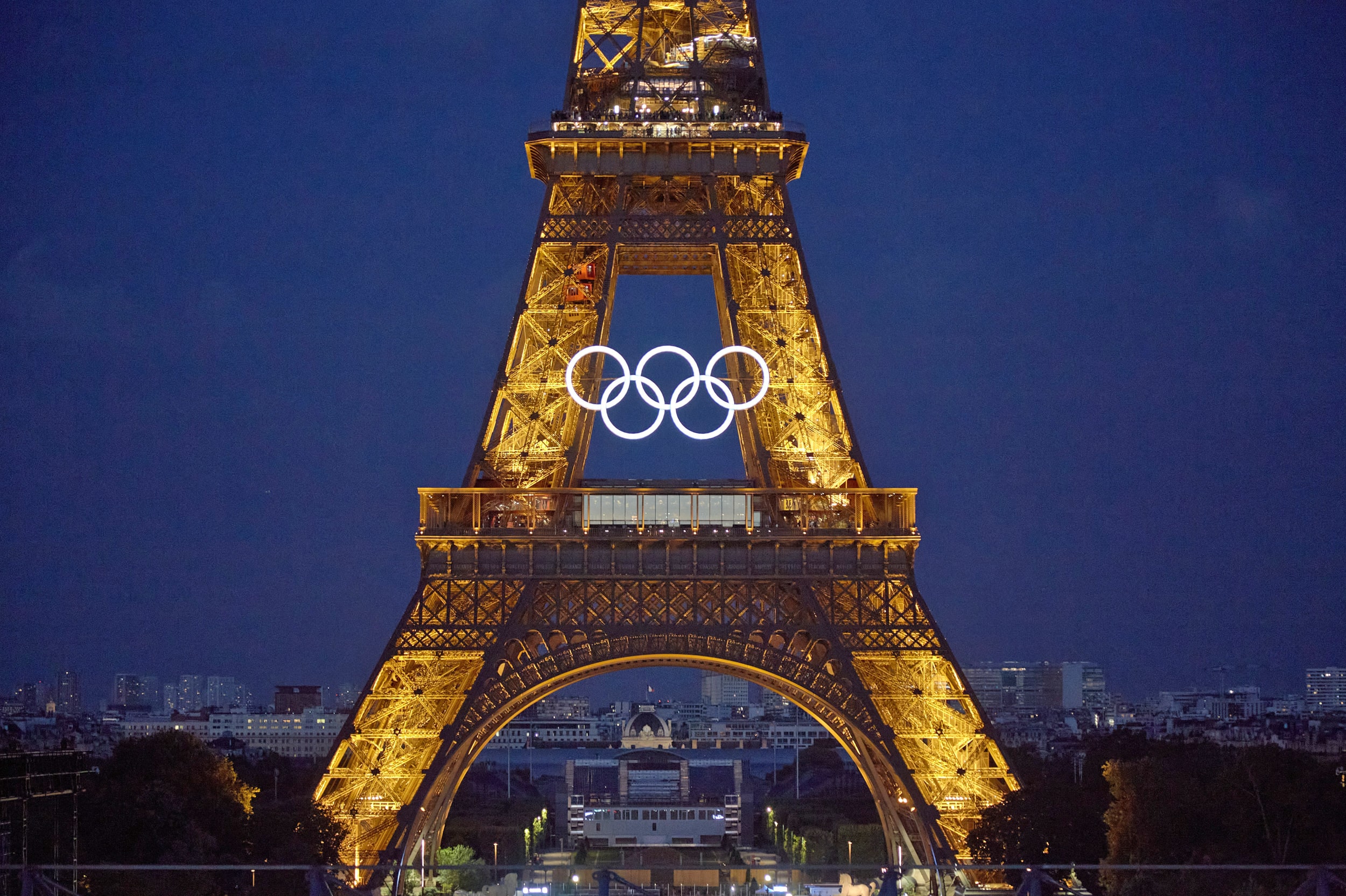 The Olympic rings on the Eiffel Tower in Paris.