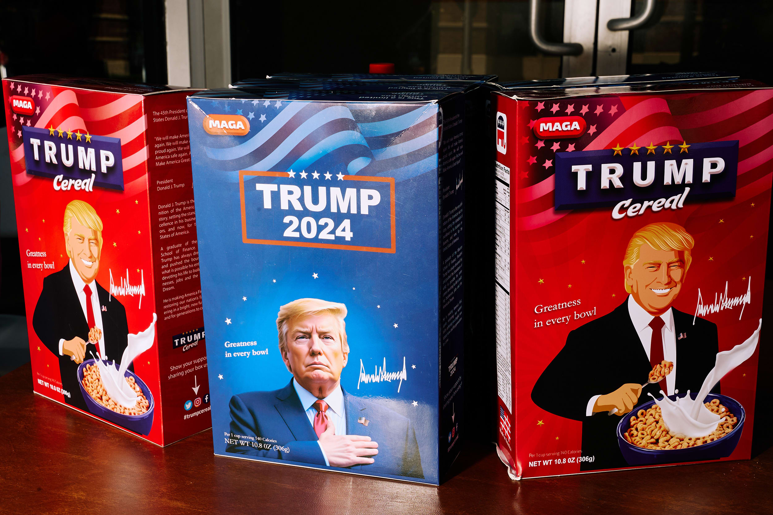 Three boxes of Trump cereal