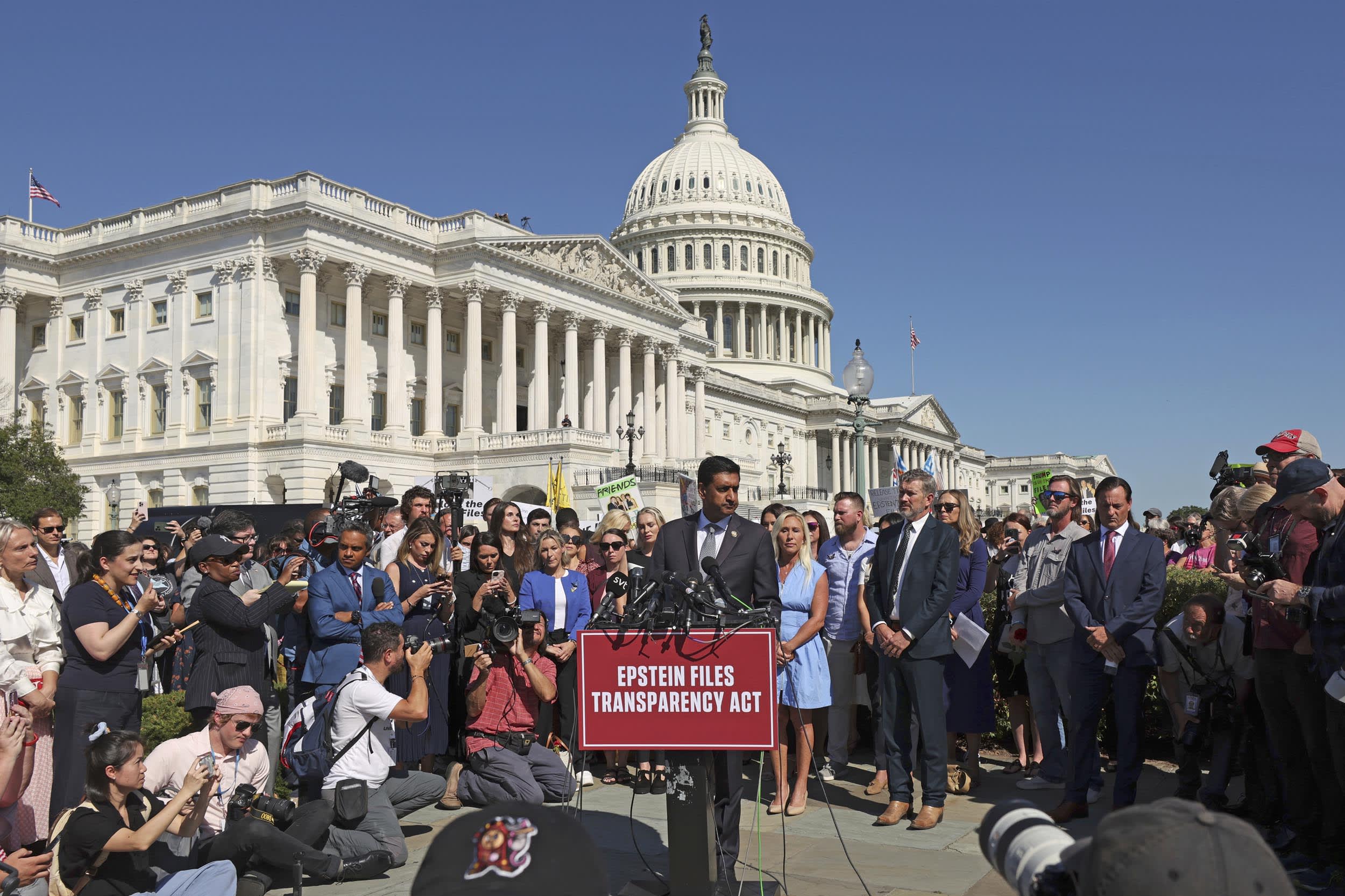 Rep. Ro Khanna, D-Calif., is joined by other lawmakers and Jeffrey Epstein victims at a news conference at the Capitol 