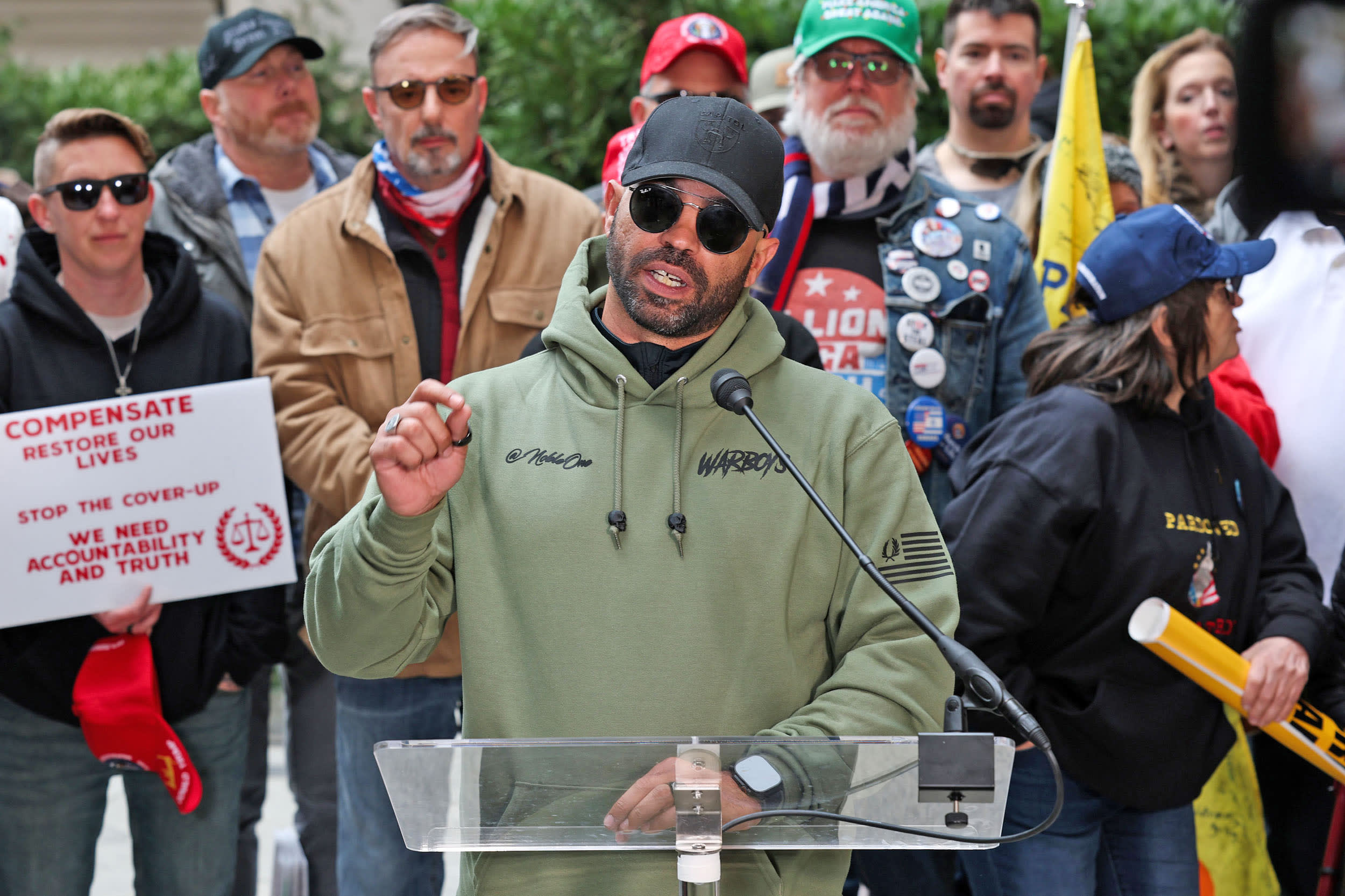 Former Proud Boys leader Enrique Tarrio speaks outside the Willard Hotel during a Jan. 6th memorial march marking five years since the attack.