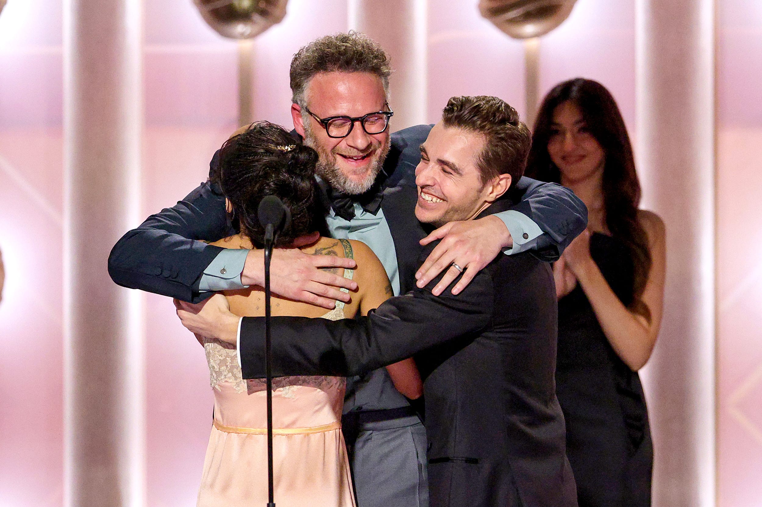 Seth Rogen hug Zoë Kravitz and Dave Franco.