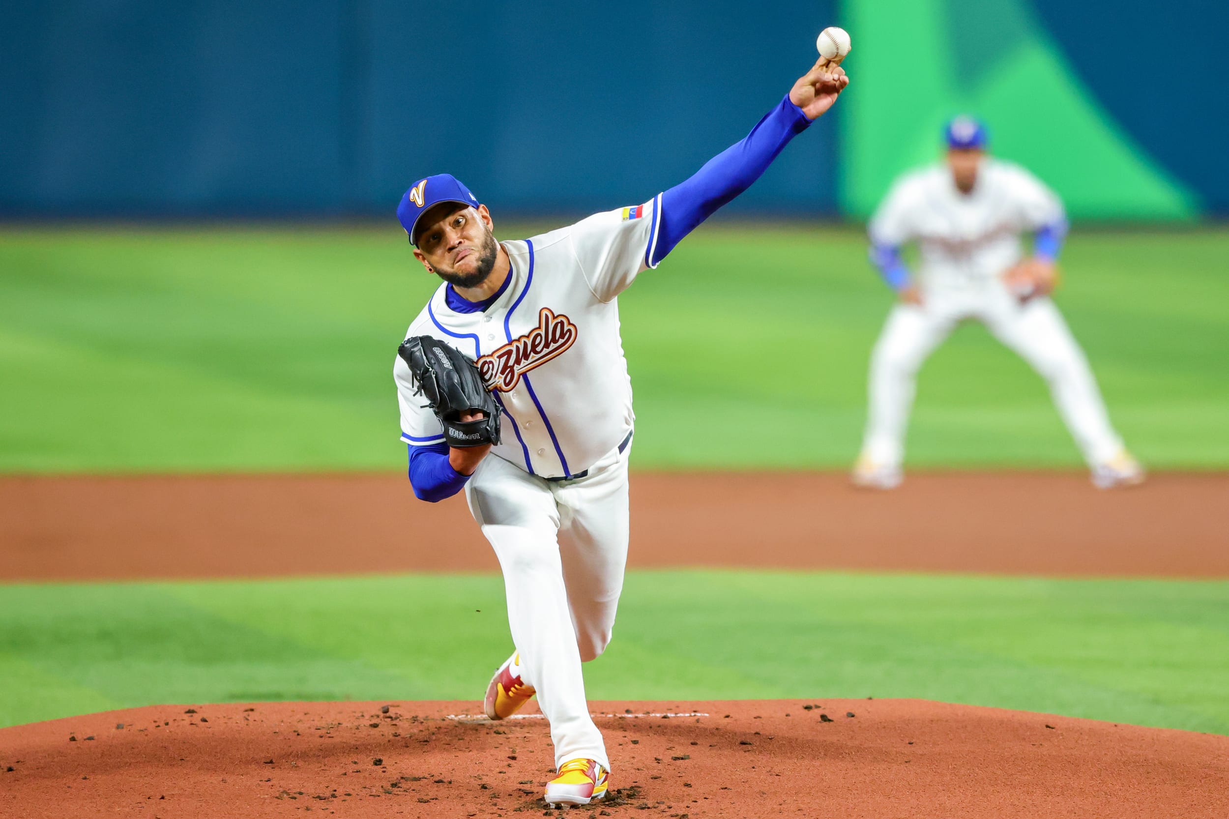 Eduardo Rodriguez #52 of Team Venezuela pitches in 2026 World Baseball Classic 