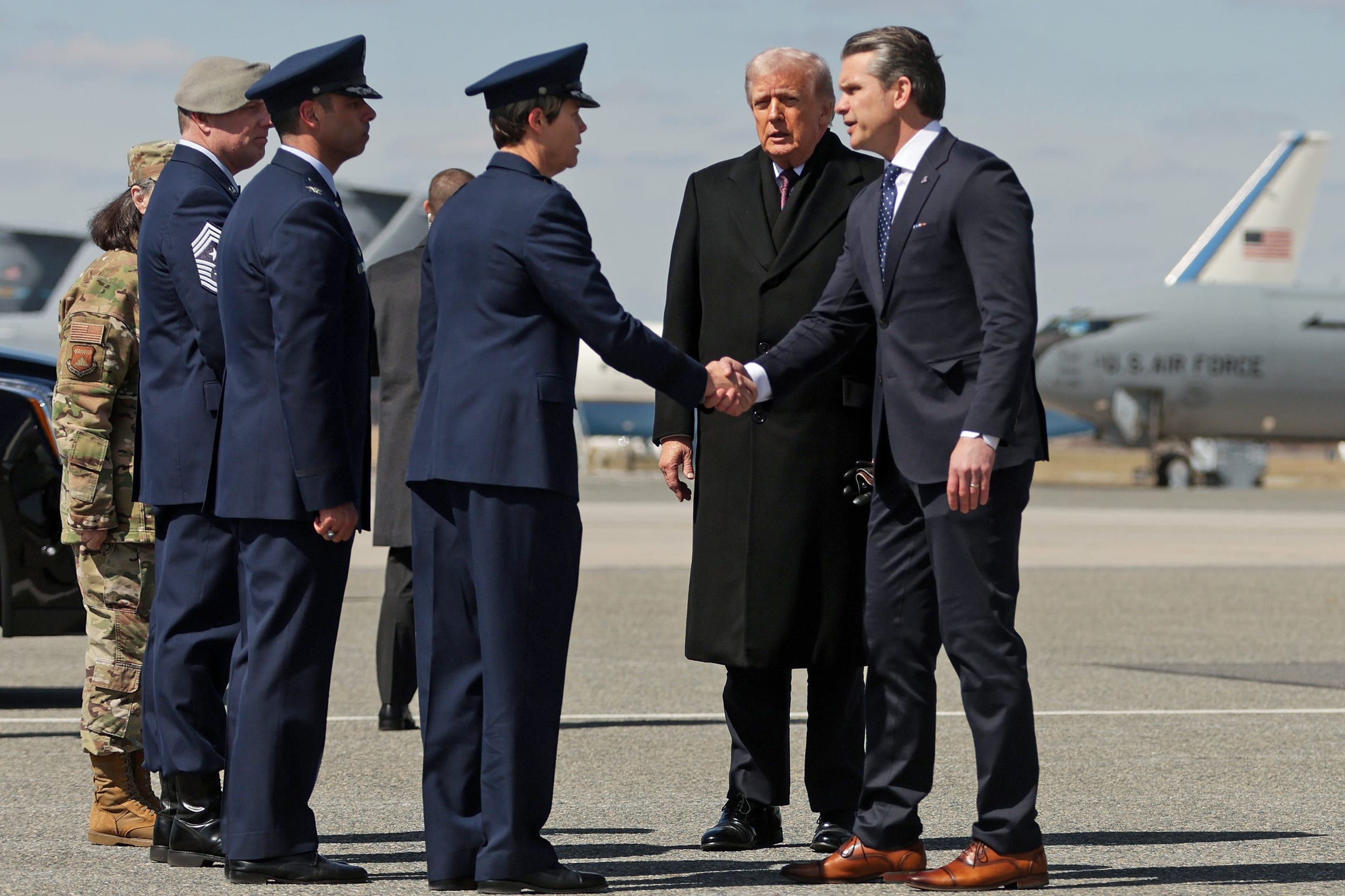 President Donald Trump and Defense Secretary Pete Hegseth arrive at Dover Air Force Base on March 18, 2026.
