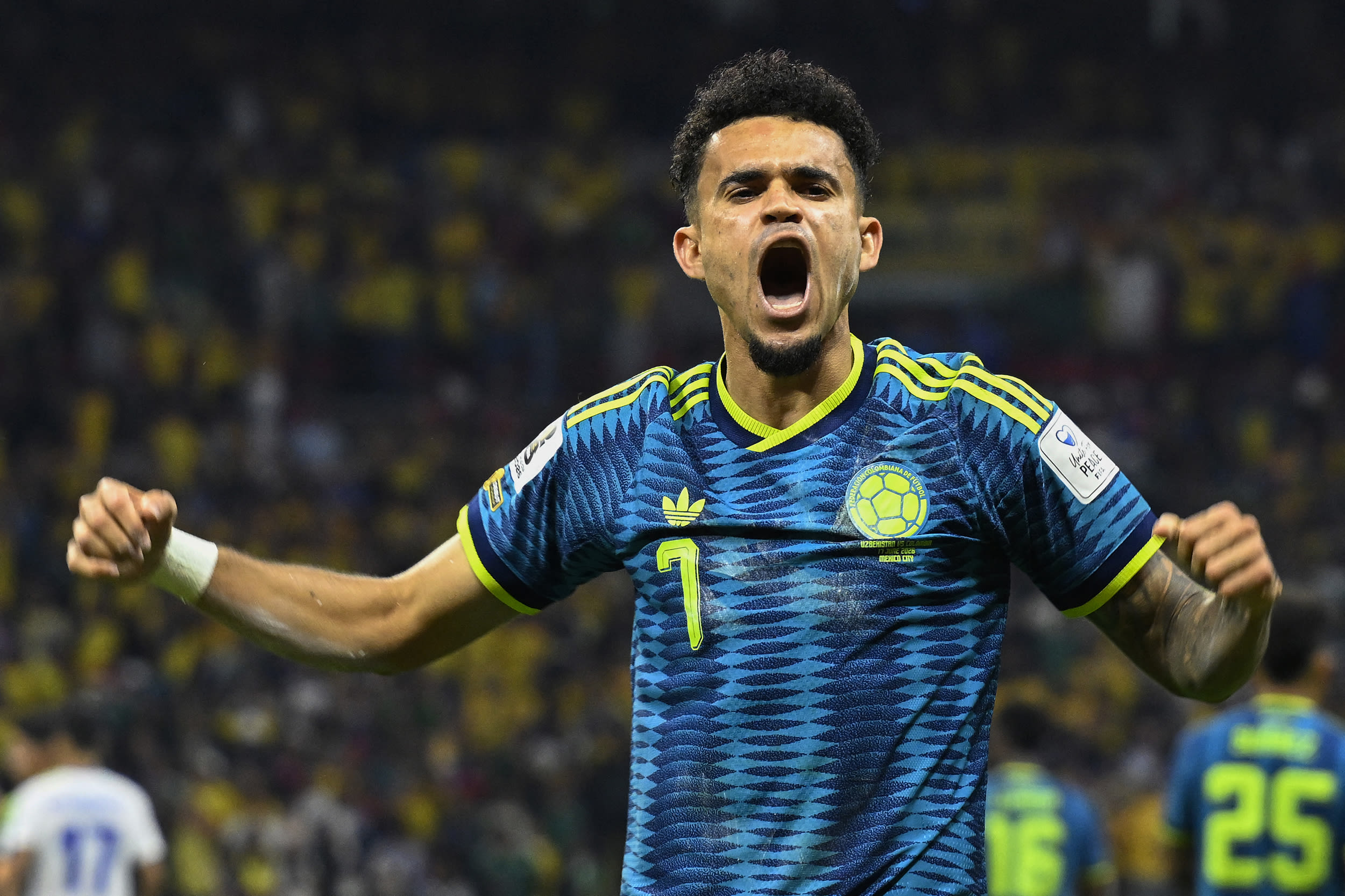 Colombia's forward #07 Luis Diaz celebrates scoring his team's second goal