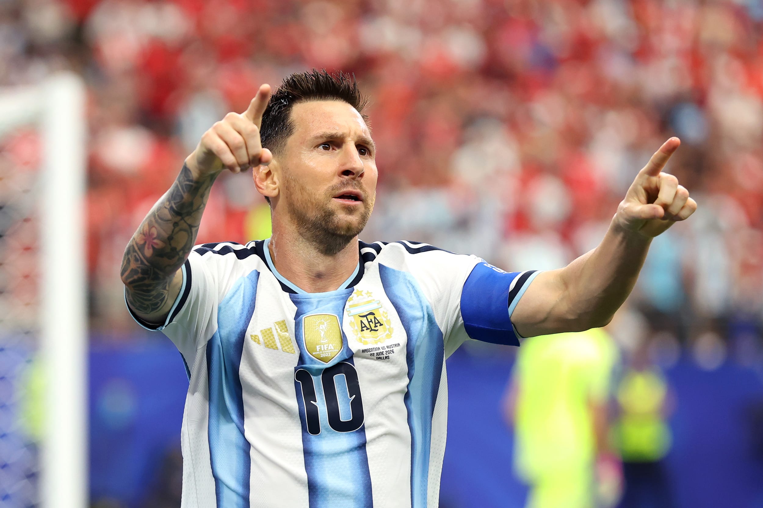 Lionel Messi #10 of Argentina celebrates after scoring his team's first goal against Austria at Dallas Stadium on June 22, 2026.