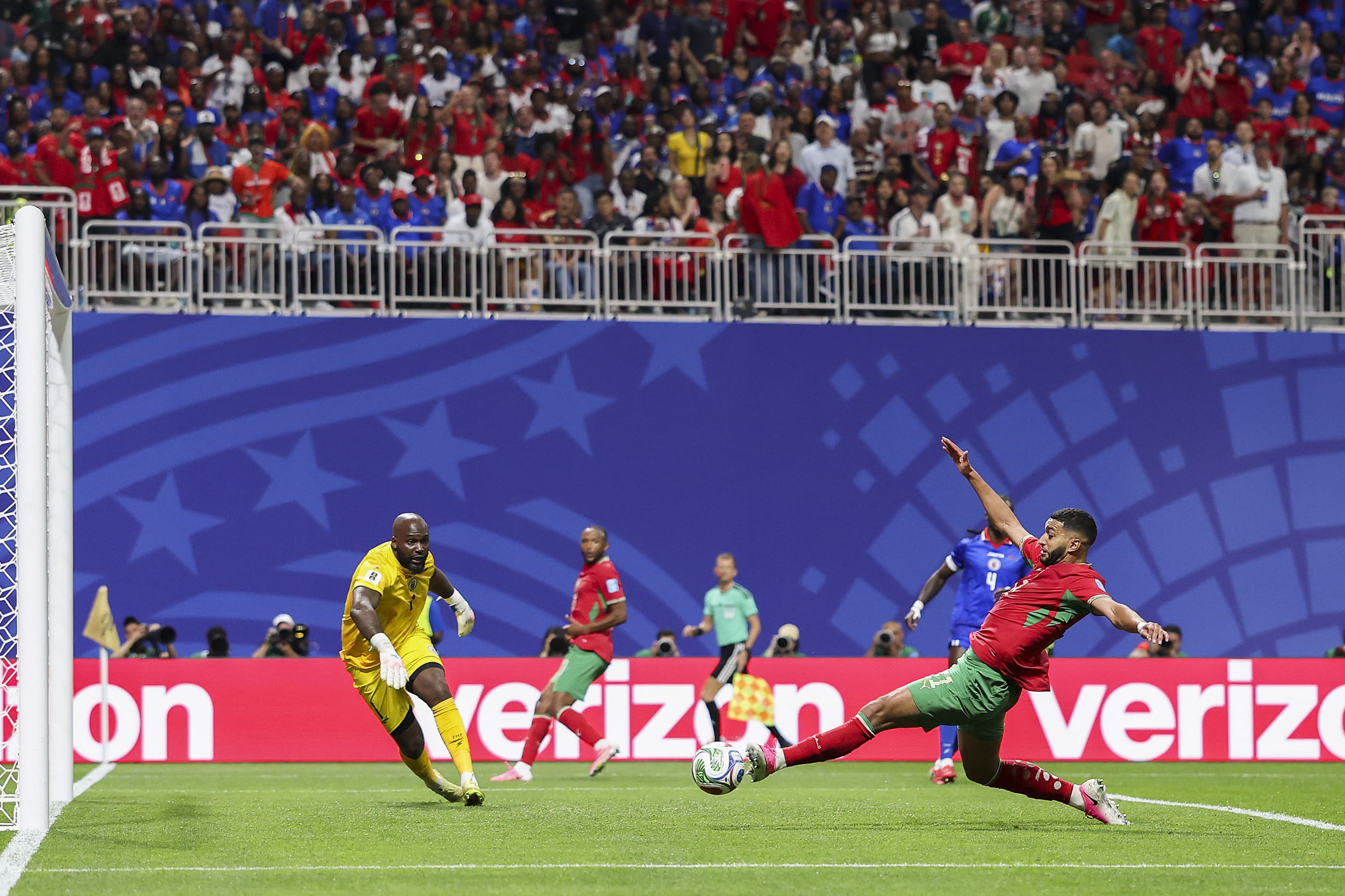 Ismael Saibari #11 of Morocco dives for the ball during the FIFA World Cup 2026 Group C match between Morocco and Haiti.