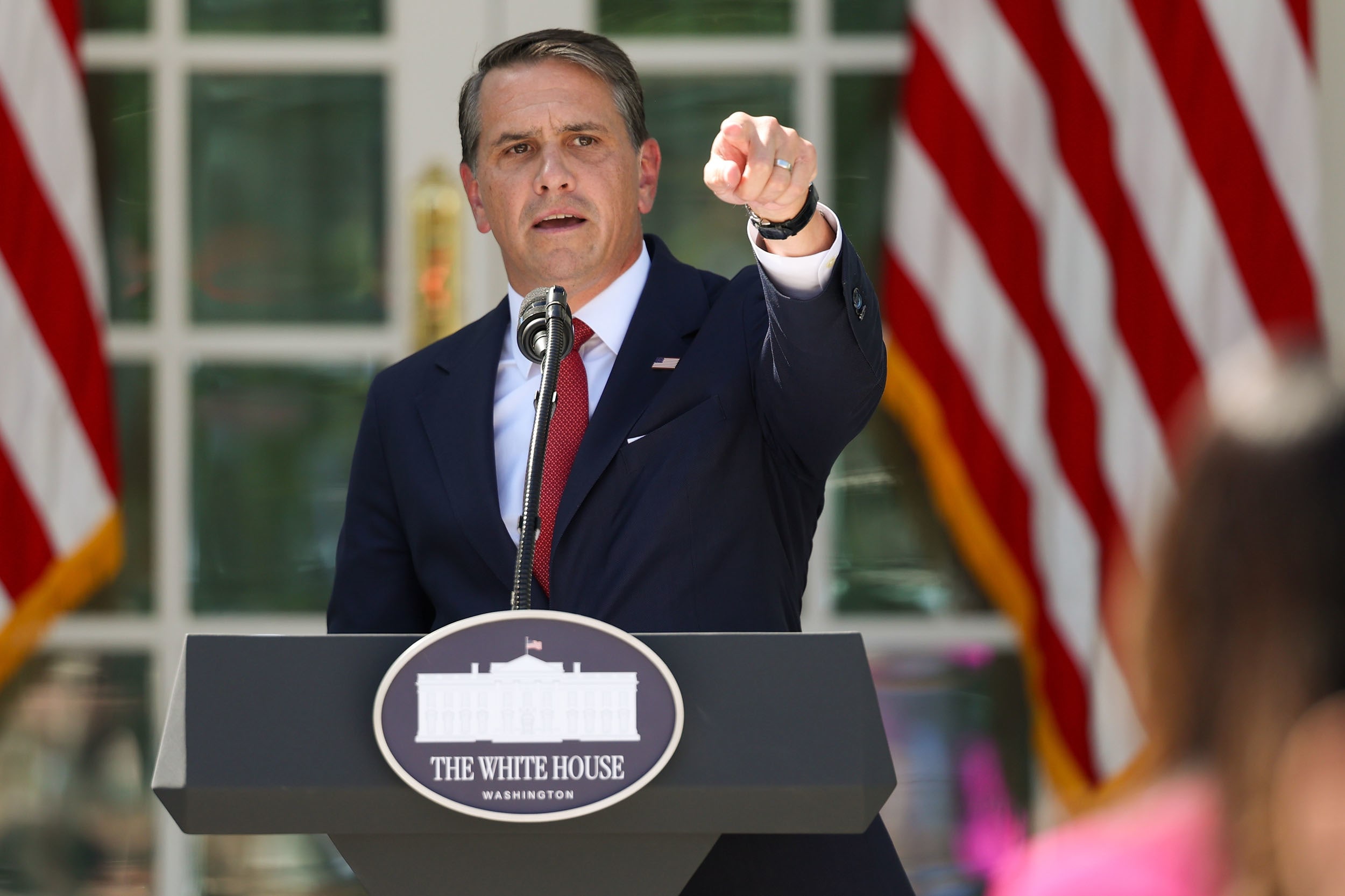 Attorney General Todd Blanche answers questions from reporters during a news briefing in the Rose Garden of the White House on September 15, 2026.