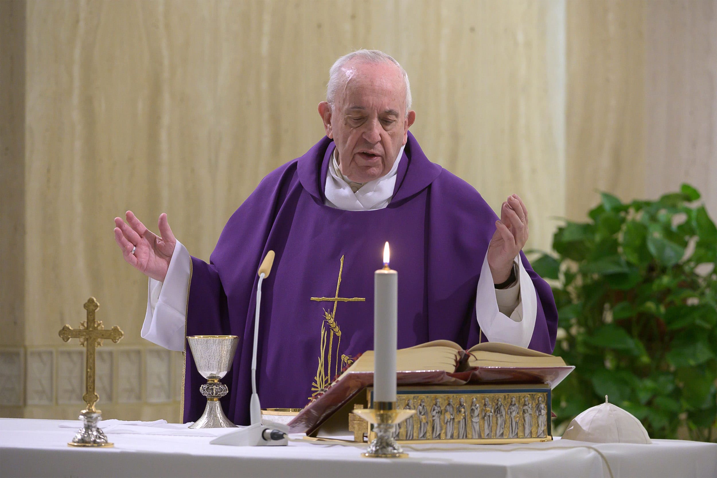 Image: Pope Francis celebrates the morning mass at the Santa Marta Chapel in the Vatican on Tuesday.