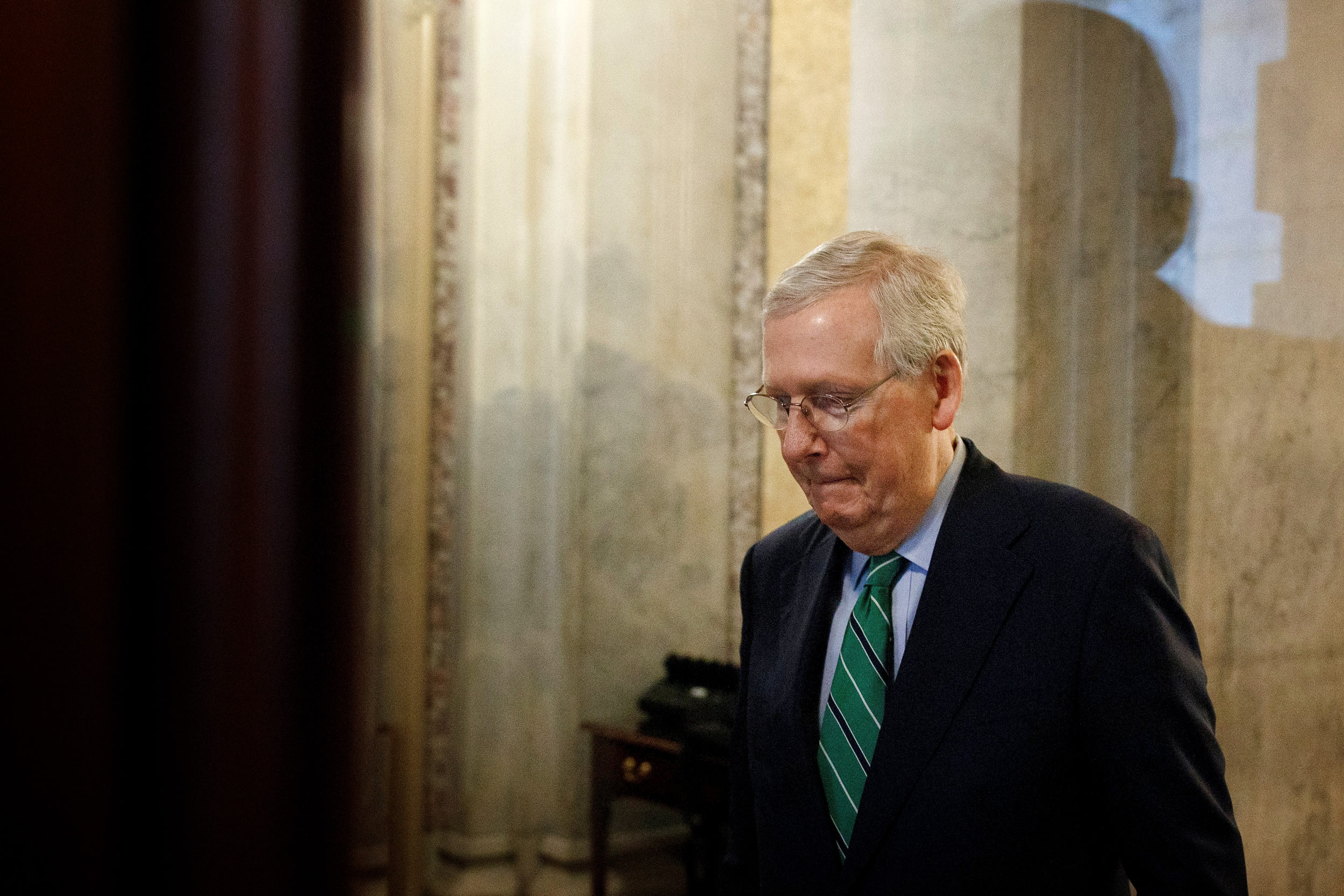 Image: Senate Majority Leader Mitch McConnell leaves Capitol Hill on April 16, 2020.