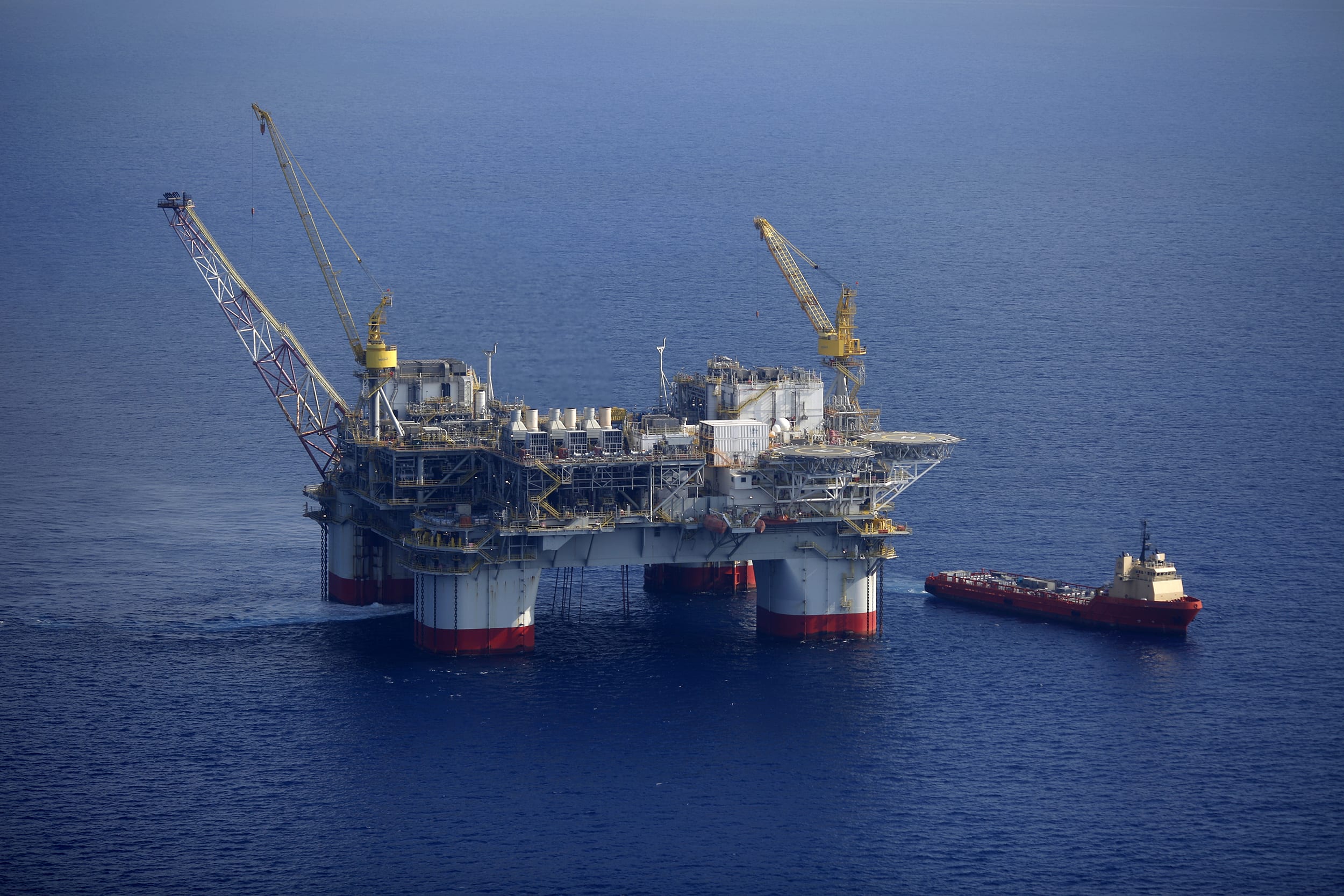 Image: The Kobe Chouest platform supply vessel sits anchored next to the Chevron Corp. Jack/St. Malo deepwater oil platform in the Gulf of Mexico on May 18, 2018.