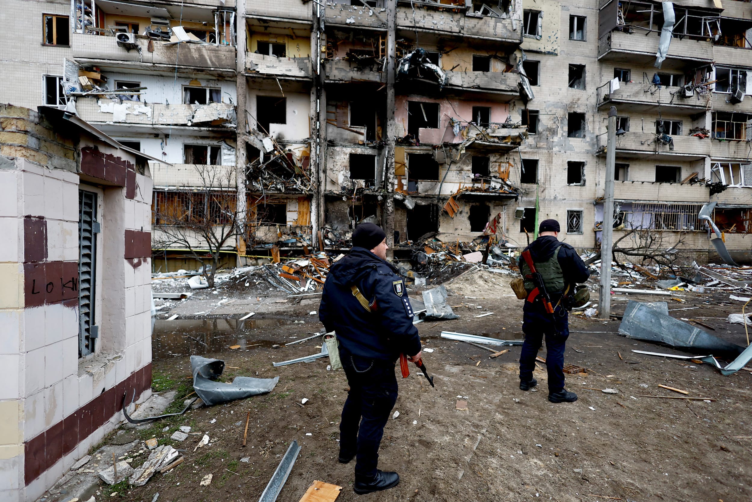 A residential building is damaged, after Russia launched a massive military operation against Ukraine, in Kyiv