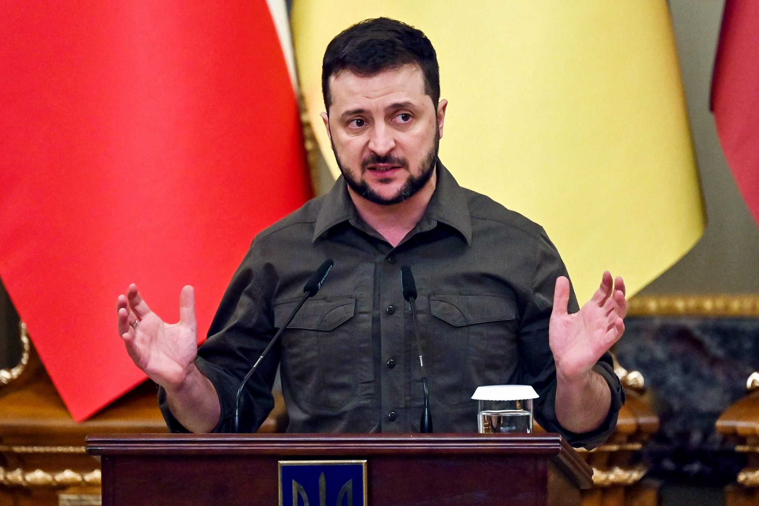 Ukrainian President Volodymyr Zelenskyy speaks during a press conference along with the presidents of Poland, Lithuania, and Estonia and Latvia, following their talks in Kyiv, on April 13, 2022.