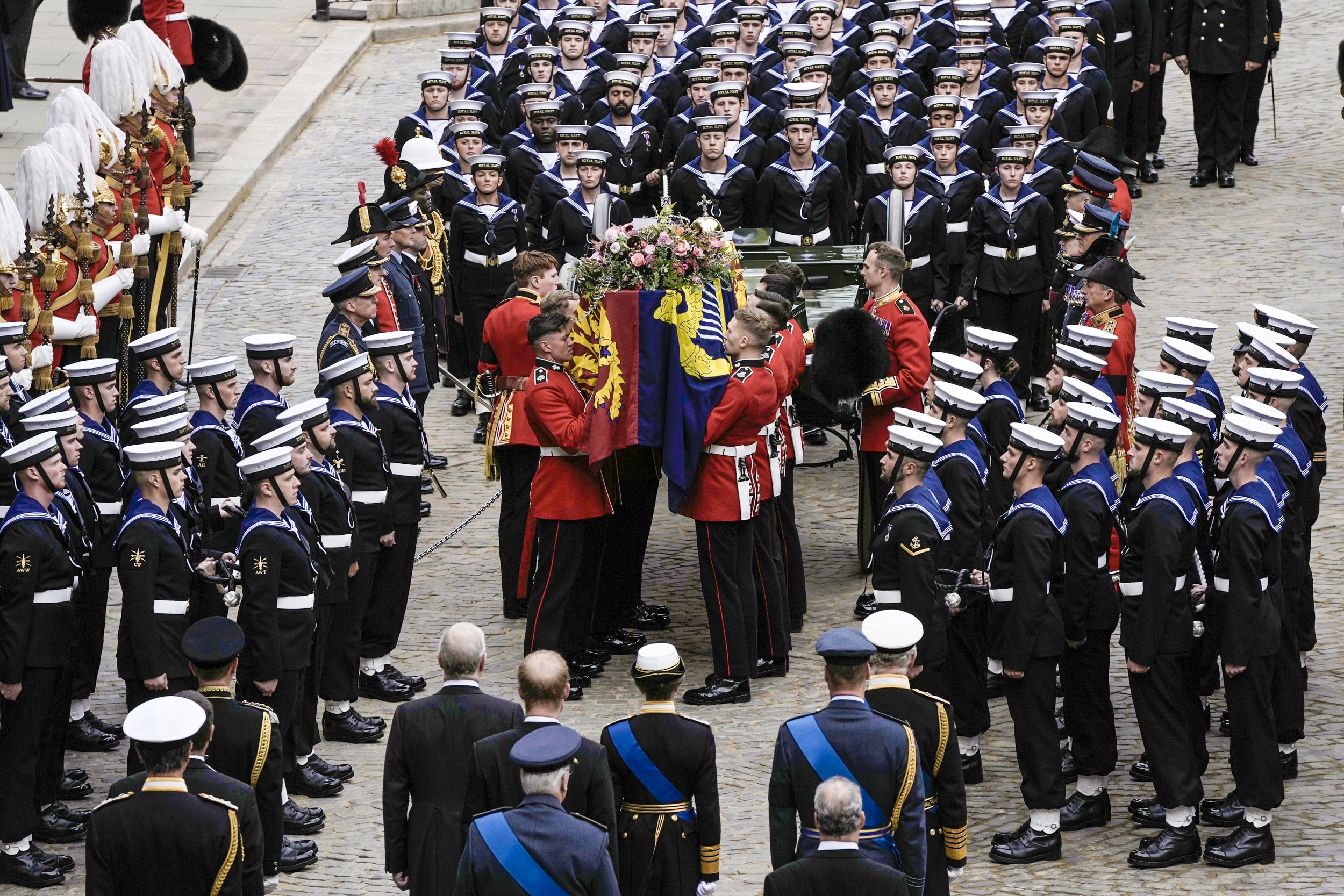 Image: The coffin of Queen Elizabeth II leaves Westminster Hall for her funeral service in Westminster Abbey in central London on Sept. 19, 2022.