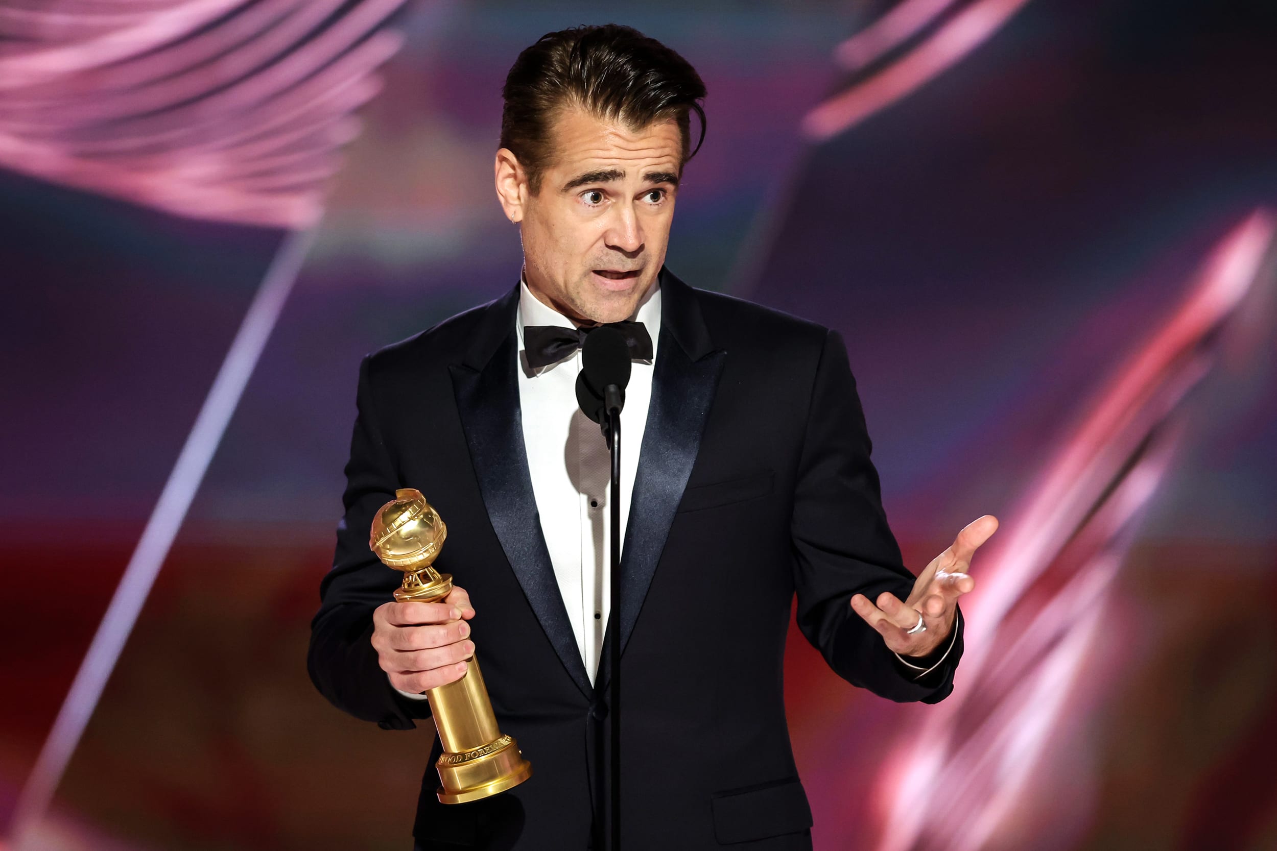 Image: Colin Farrell accepts the Best Actor in a Motion Picture Musical or Comedy award for "The Banshees of Inisherin" onstage during the 80th Annual Golden Globe Awards at The Beverly Hilton on Jan. 10, 2023 in Beverly Hills, Calif.