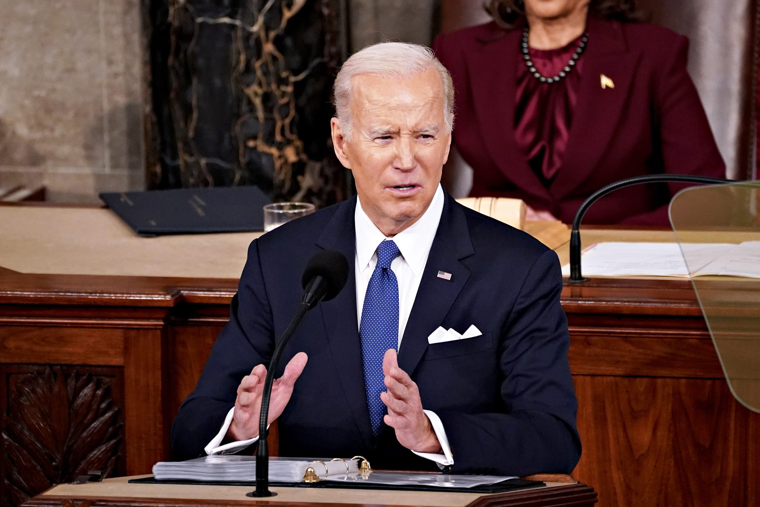 US President Joe Biden speaks during a State of the Union address at the US Capitol in Washington, DC, US, on Tuesday, Feb. 7, 2023. Biden is speaking against the backdrop of renewed tensions with China and a brewing showdown with House Republicans over raising the federal debt ceiling.