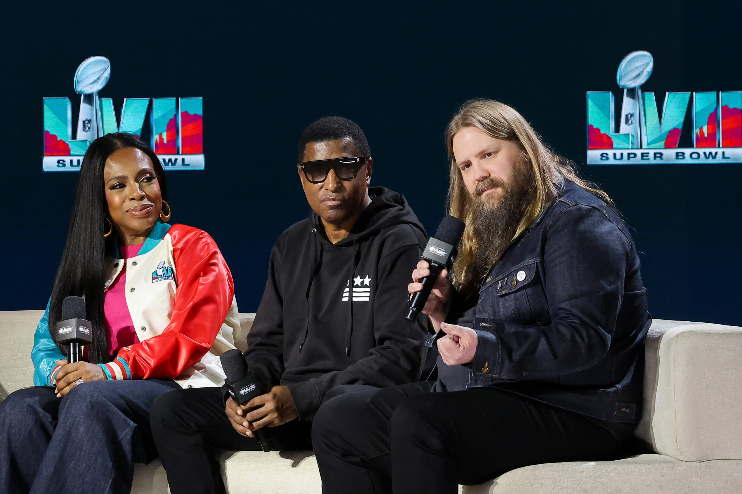 Sheryl Lee Ralph, Babyface and Chris Stapleton during a Super Bowl LVII event in Phoenix on Feb. 9, 2023.