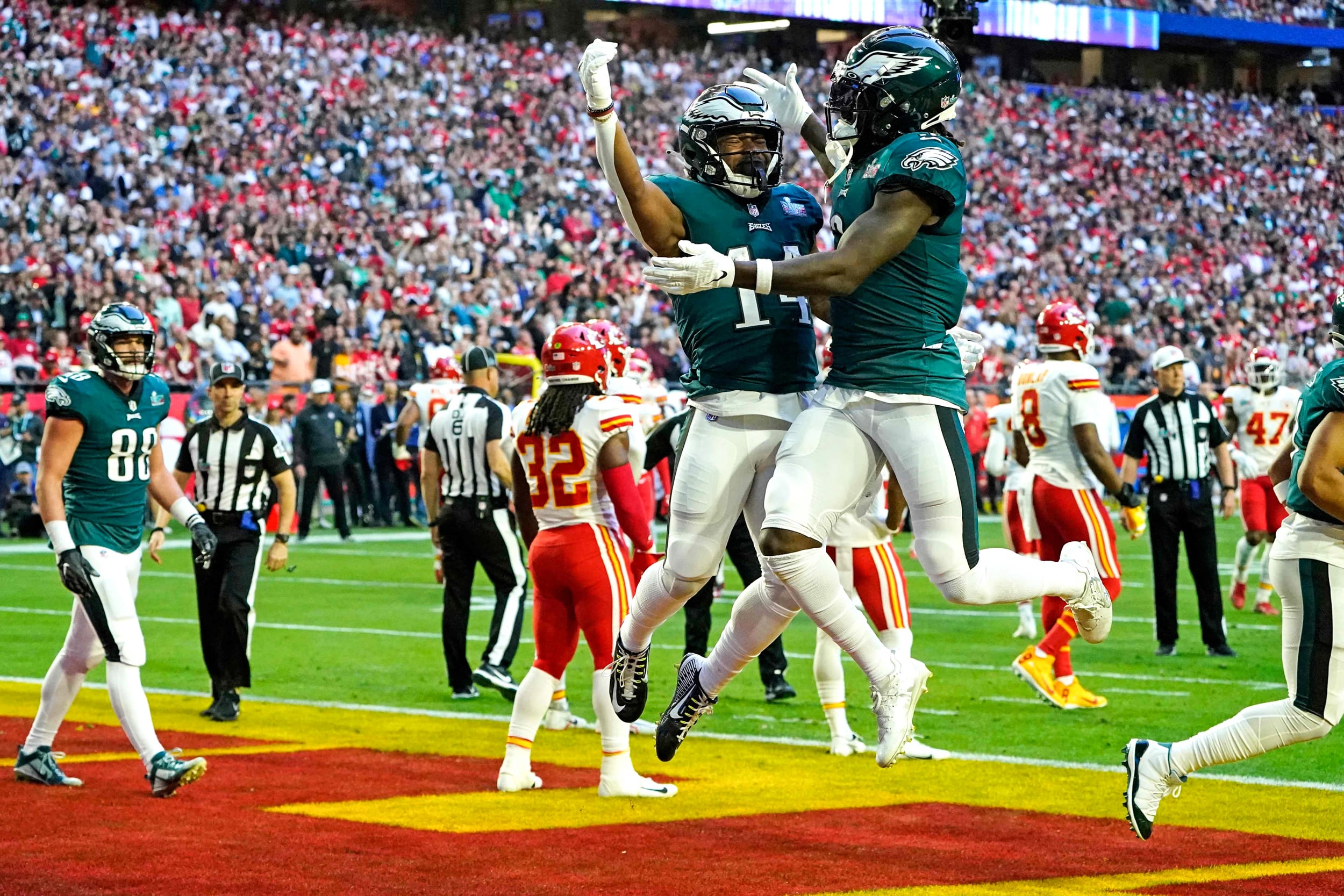 Philadelphia Eagles' wide receiver Zach Pascal, right, celebrates Philadelphia Eagles' running back Kenneth Gainwell's touchdown, left, during Super Bowl LVII against the Kansas City Chiefs in Glendale, Ariz., on Feb. 12, 2023.