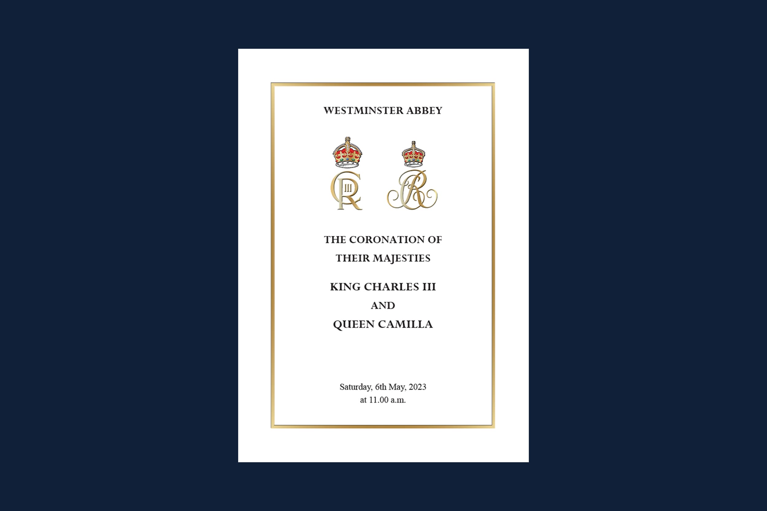 King Charles and Queen Camilla order of service for the Coronation on May 6, 2023.
