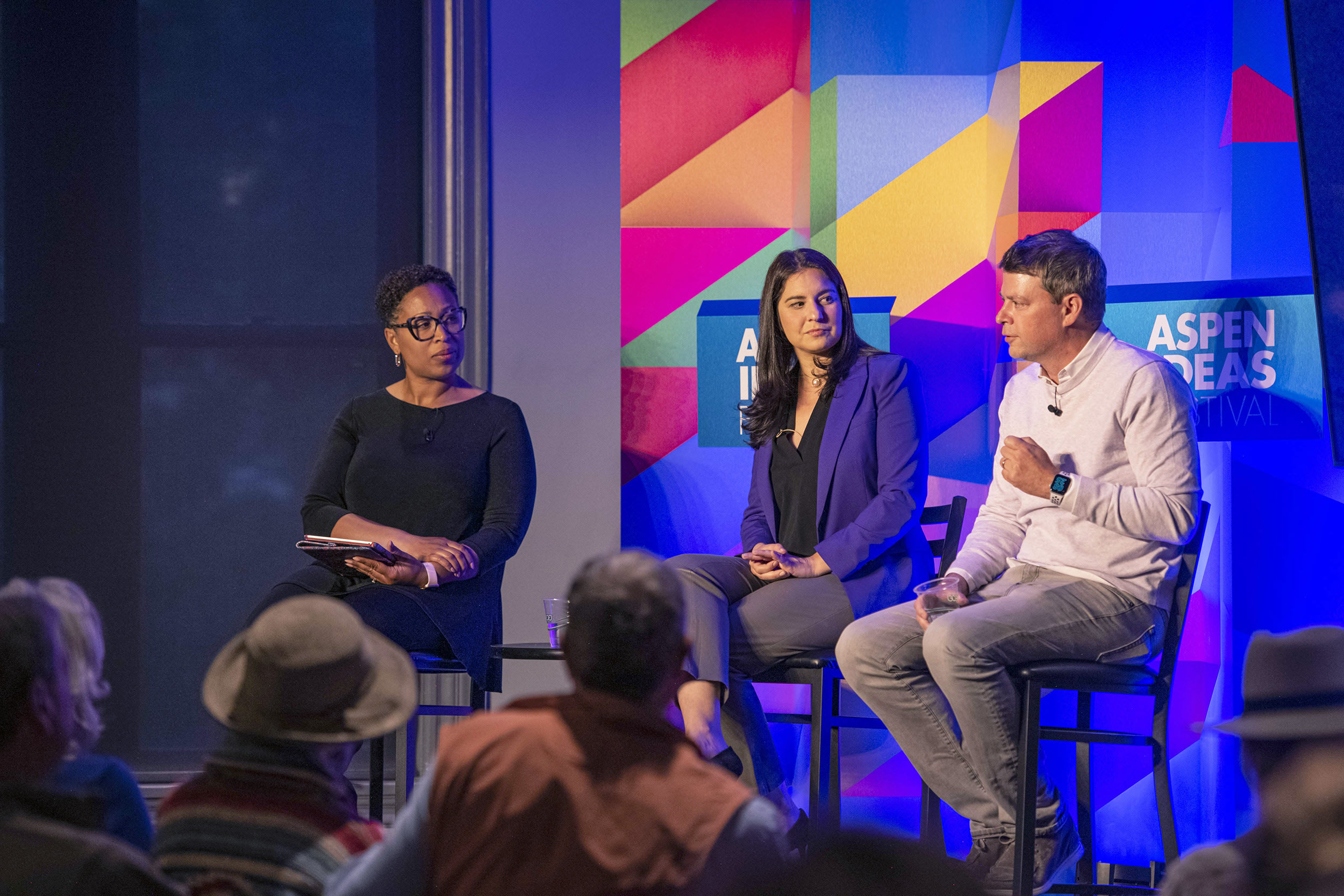 Jenn White, journalist and host of “1A” at NPR moderates a discussion with Joanna Stern, Senior Personal Technology Columnist for The Wall Street Journal, and Chris Berend, Executive Vice President of Digital at NBCUniversal News Group discuss A.I. in the newsroom at a public event at the Wheeler Opera House during Aspen Ideas Festival in Aspen, Colo. on Tuesday, June 27, 2023.
