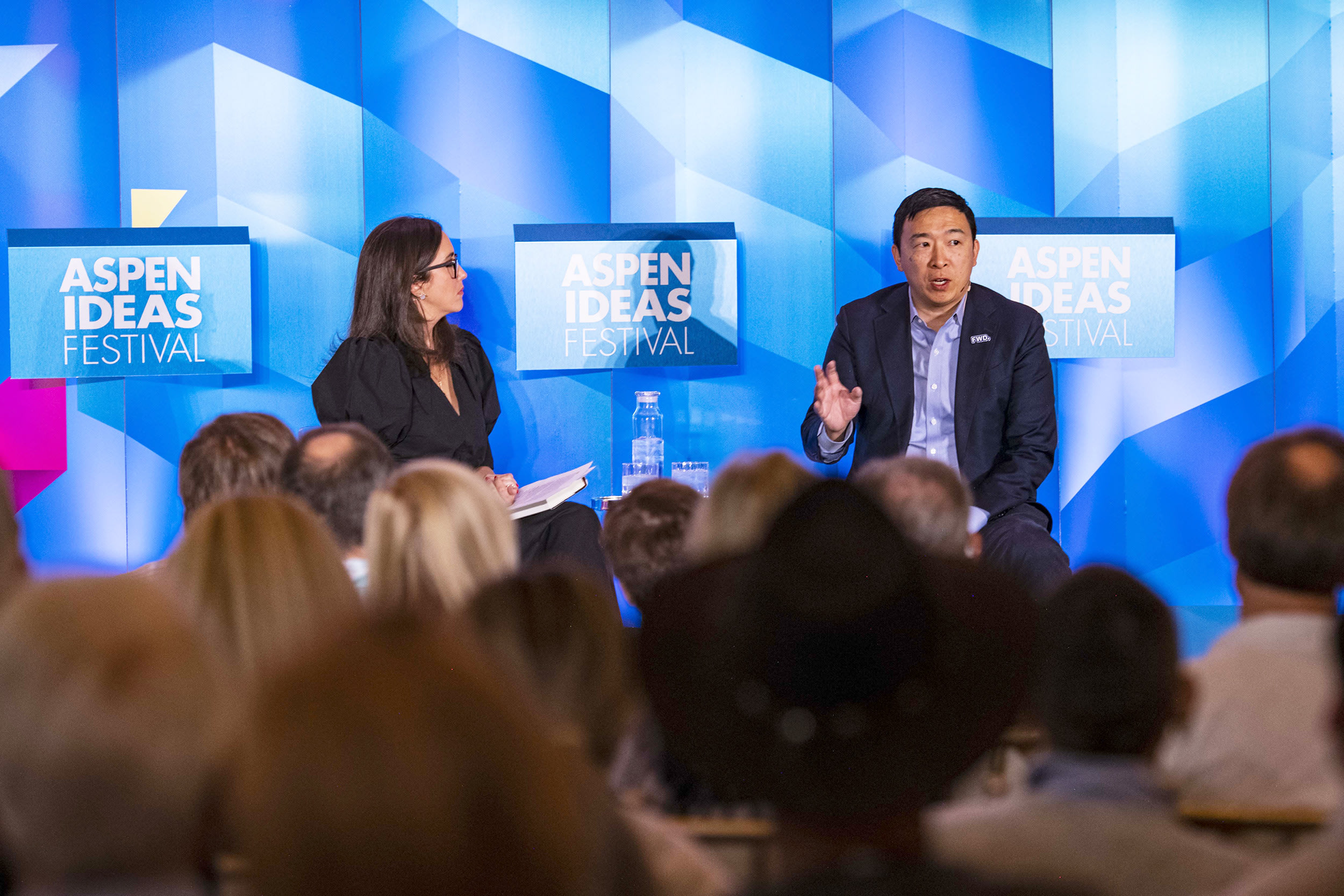 Savannah Sellers talks with former presidential candidate and co-chair of Forward Party about the upcoming election and his thoughts on the political party system at Aspen Ideas Festival in Aspen, Colo. on Thursday, June 29, 2023.