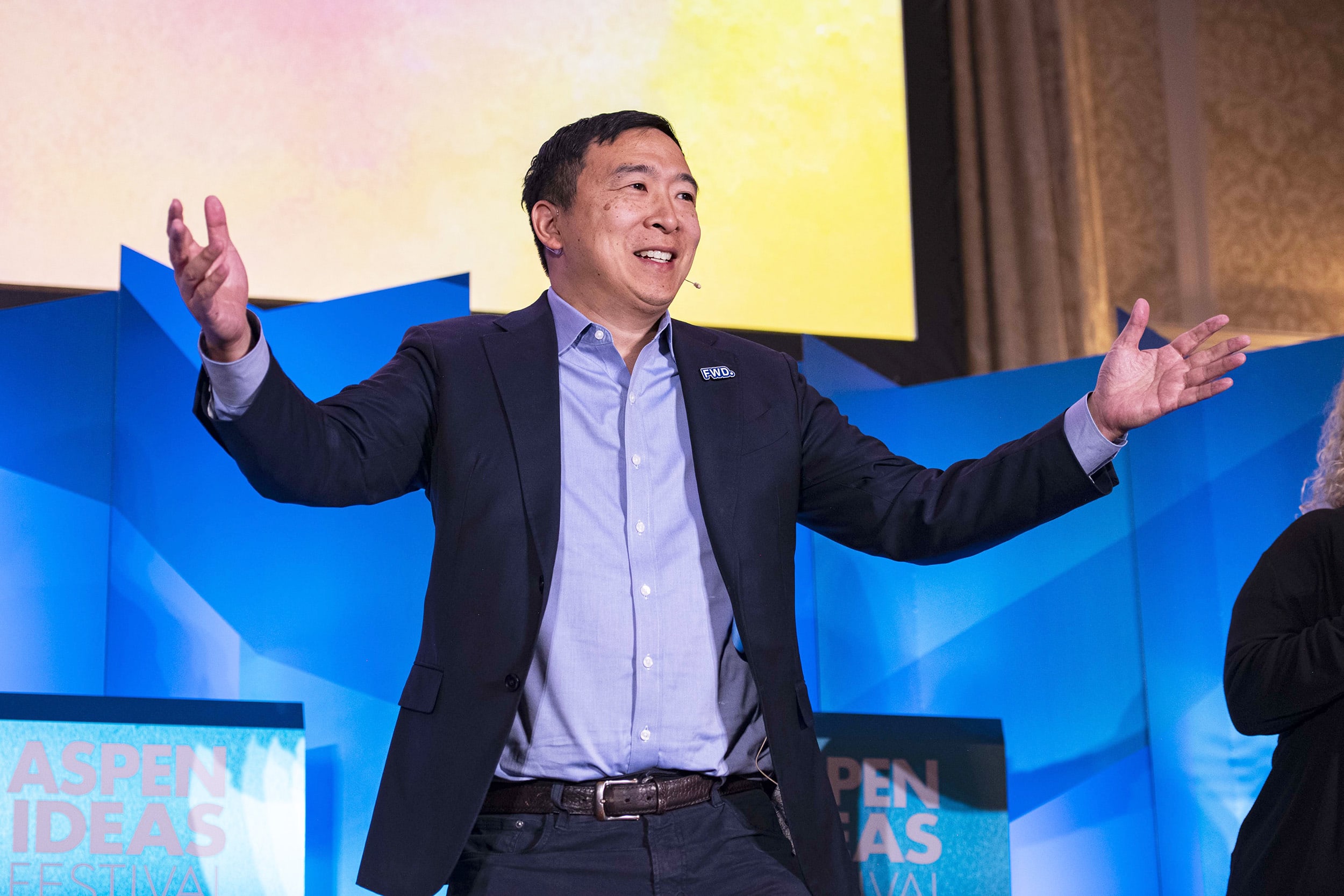 Savannah Sellers talks with former presidential candidate and co-chair of Forward Party about the upcoming election and his thoughts on the political party system at Aspen Ideas Festival in Aspen, Colo. on Thursday, June 29, 2023.