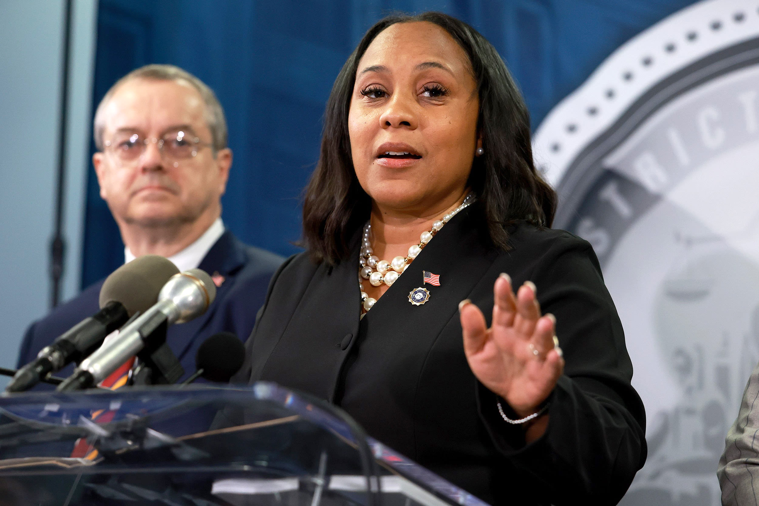 Fulton County District Attorney Fani Willis speaks during a news conference at the Fulton County Government building on August 14, 2023 in Atlanta, Georgia. A grand jury today handed up an indictment naming former President Donald Trump and his Republican allies over an alleged attempt to overturn the 2020 election results in the state.