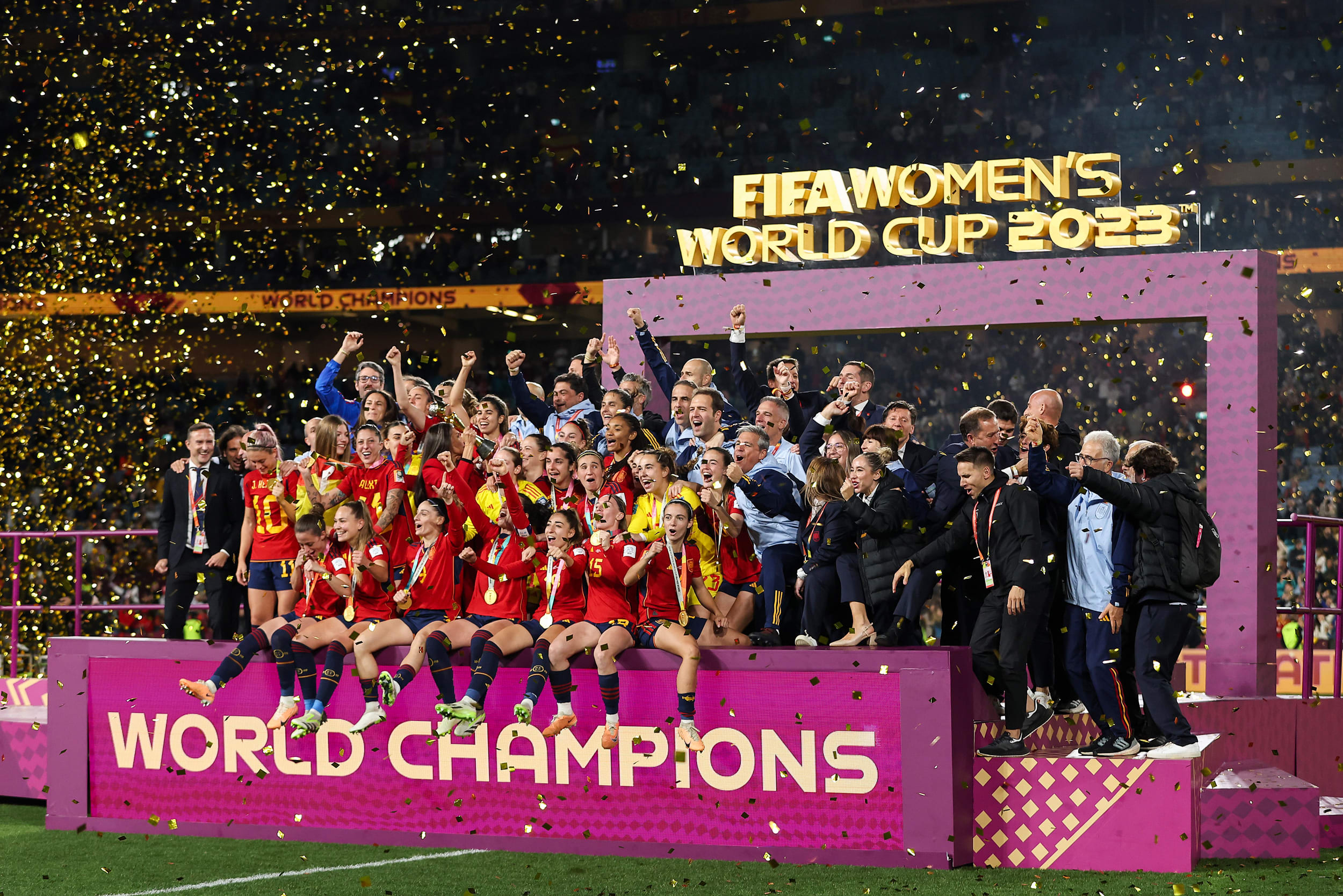 Spain's players celebrate after their 1-0 victory over England in the FIFA Women's World Cup in Sydney on Aug. 20, 2023.