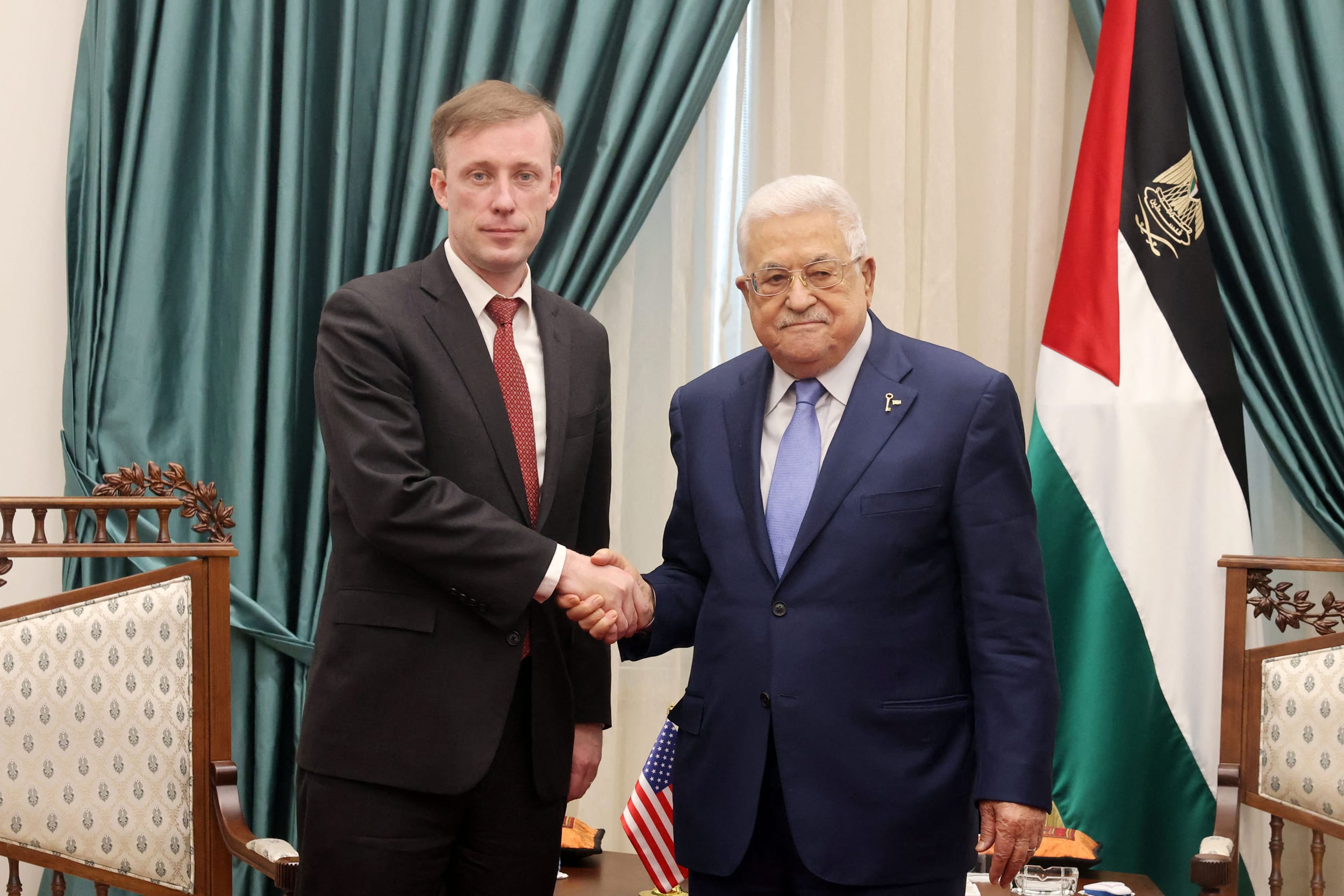 Palestinian President Mahmud Abbas meeting with U.S, National Security Advisor Jake Sullivan in Ramallah in the occupied West Bank on December 15, 2023.
