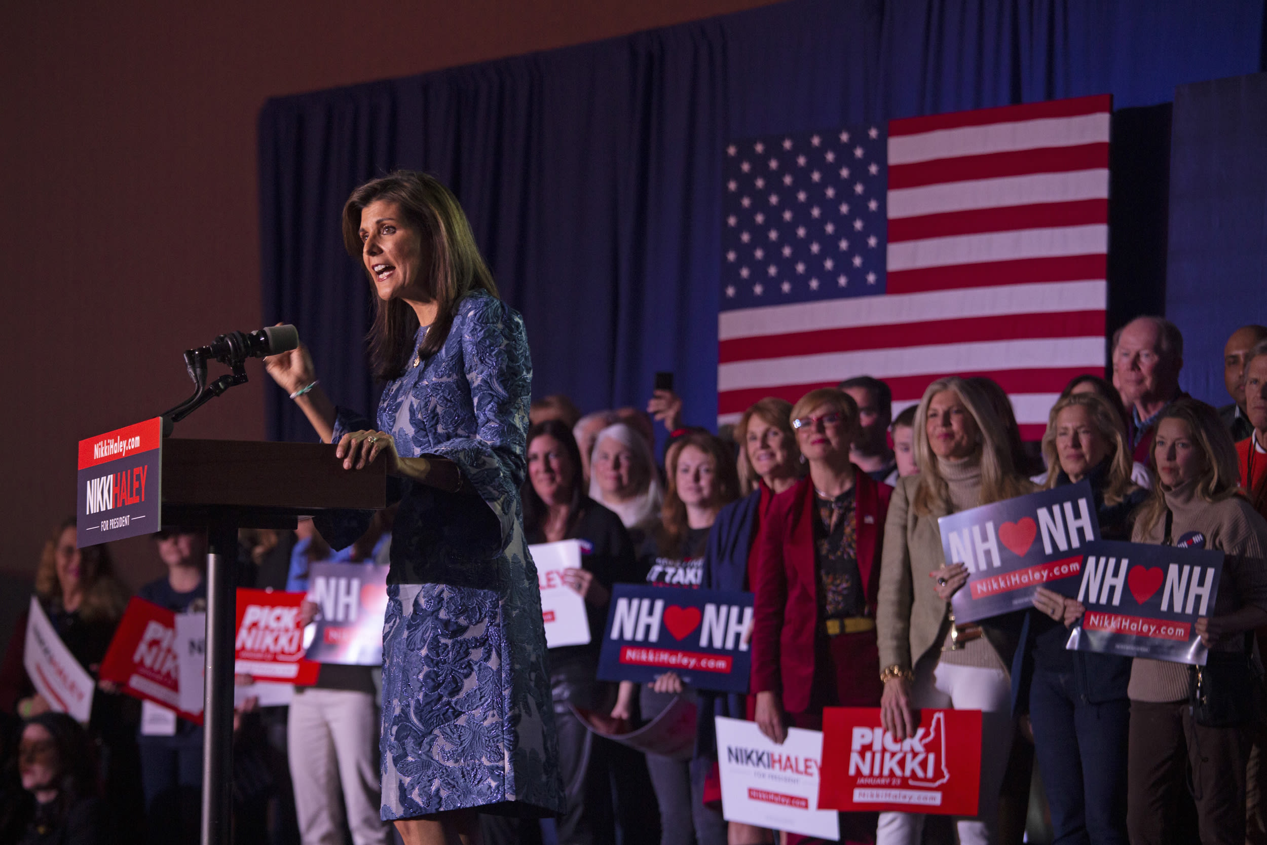 Republican presidential candidate Nikki Haley speaks at her New Hampshire primary election night party in Concord on Jan. 22, 2024.